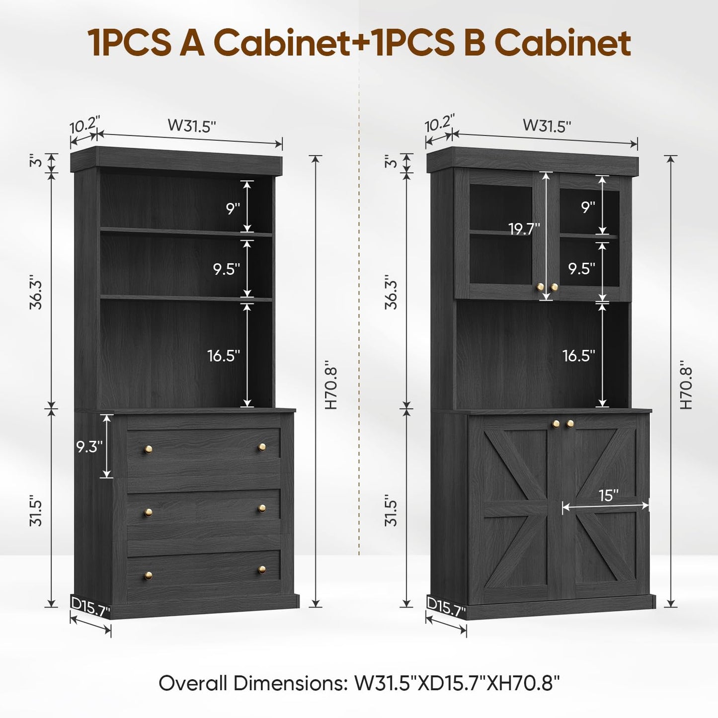71" Black Farmhouse Kitchen Pantry Cabinet Set of 3— Freestanding Coffee Bar with Glass Doors or Drawers, Microwave Stand, Large Storage Hutch with Adjustable Shelves for Living Room and Kitchen