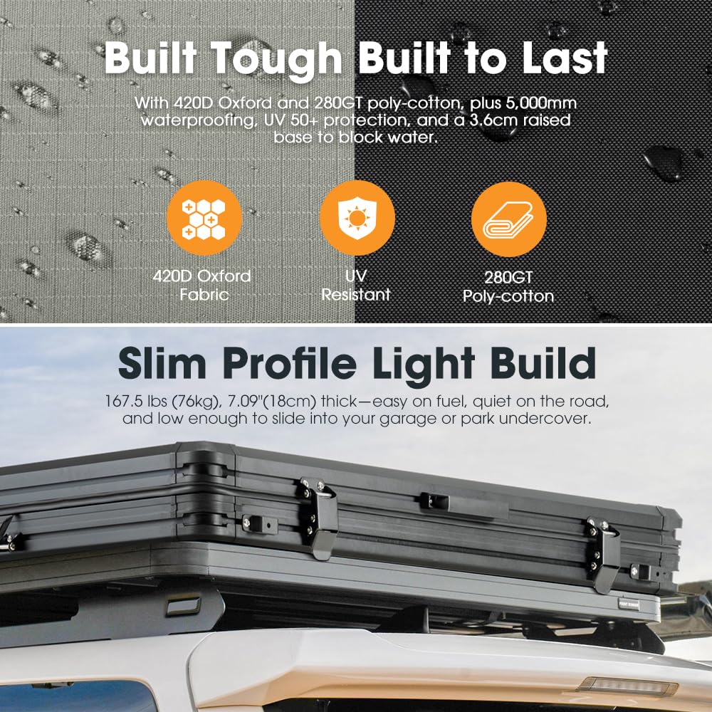 SanHima Rooftop Tent Hard Shell - Gibb Overland Aluminium Roof Top Tent 360° View, w/Tri-Color LED Strip Light & 1.97” Thick Mattress, for Car SUV Truck Camping, 2-3 People