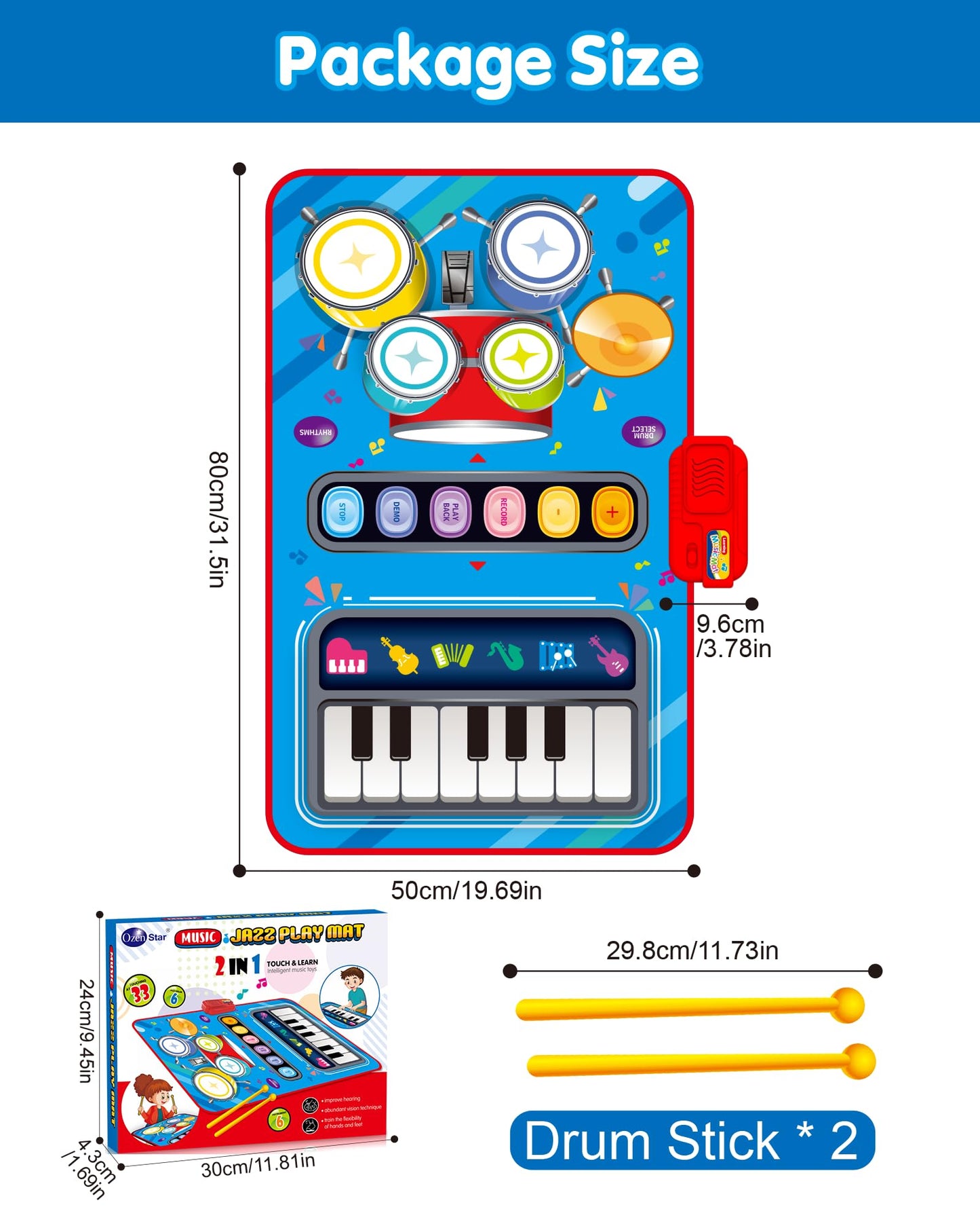 DQMOON Toys for 1 Year Old Boy Gifts, Baby Musical Mat with Piano & Drum, Adjustable Volume, 12-18 Months Toddler Toys, Christmas Birthday Easter Gifts for 1-2 Year Olds Boys Girls (Blue)