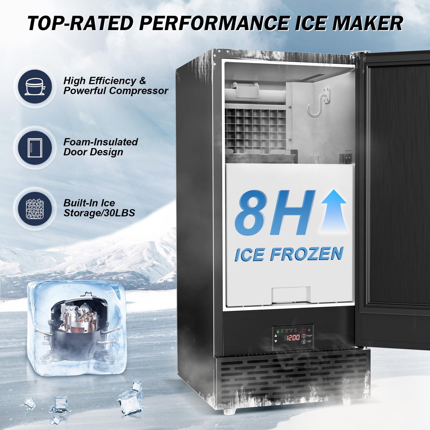 15" Wide Commercial Under Counter Ice Maker – 120 lbs/Day, 25 lb Storage Bin, Auto-Cleaning & 24H Timer, Gravity Drain, Built-in or Freestanding Stainless Steel Ice Machine for Home & Business