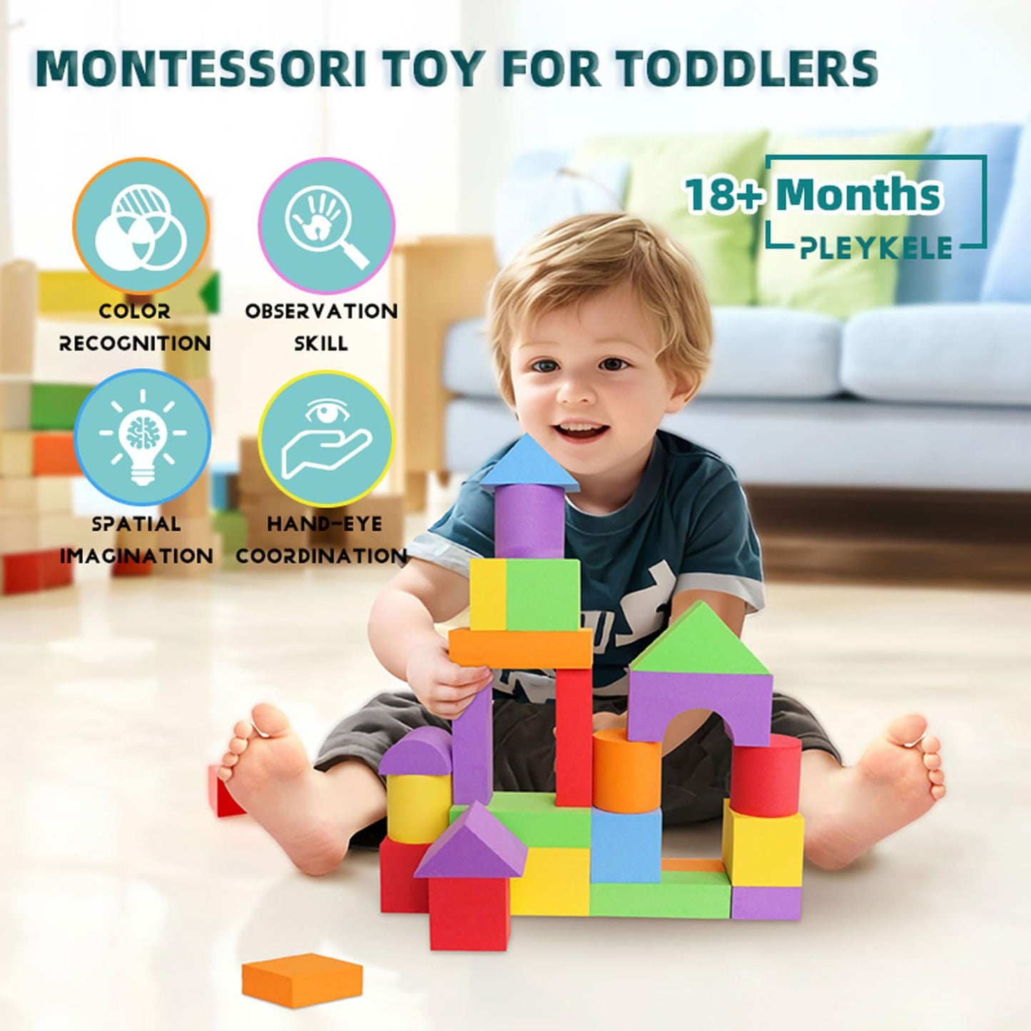 Pleykele Suitable Size Foam Building Blocks for Toddlers 18M+, Big Soft Stacking Blocks Toys, Baby Bath Toys, Sensory & Early Development Toys for Kids 1.5 Years Up (Starter Kit)