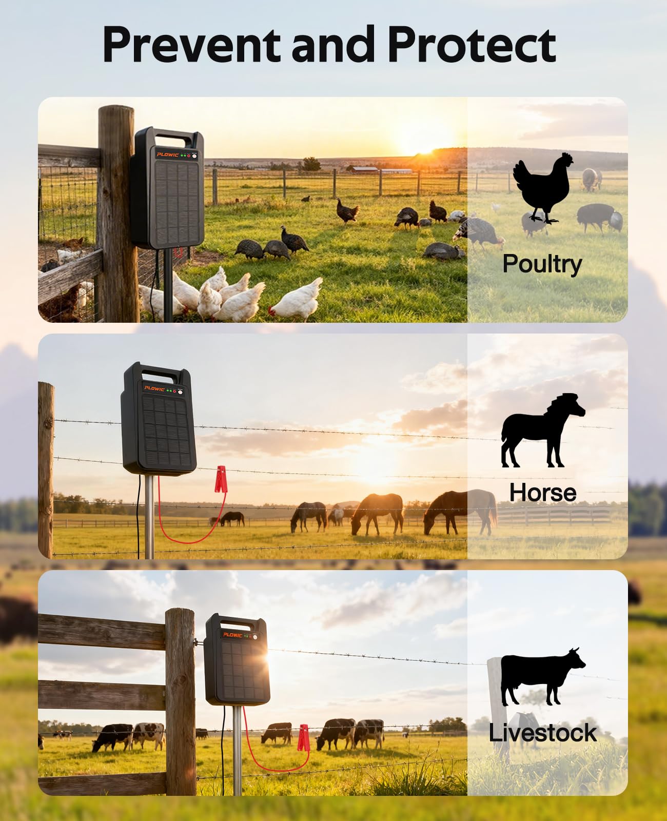 10 Miles Solar Electric Fence Charger: 0.20J Portable Energizer with Rechargeable Solar Panel for Livestock, Predator Protection, Solar Fence Charger with Day or Night Mode, Easy Installation