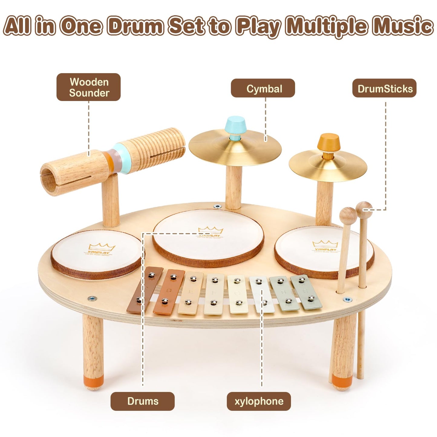 Vanplay Drum Set for Toddler - Toys for 2 3 4 Year Old Girls Boy Gifts - 9 in 1 Wooden Montessori Musical Instruments with Xylophone for Kids 3-5, Christmas Birthday Gifts for Toddlers 2-4