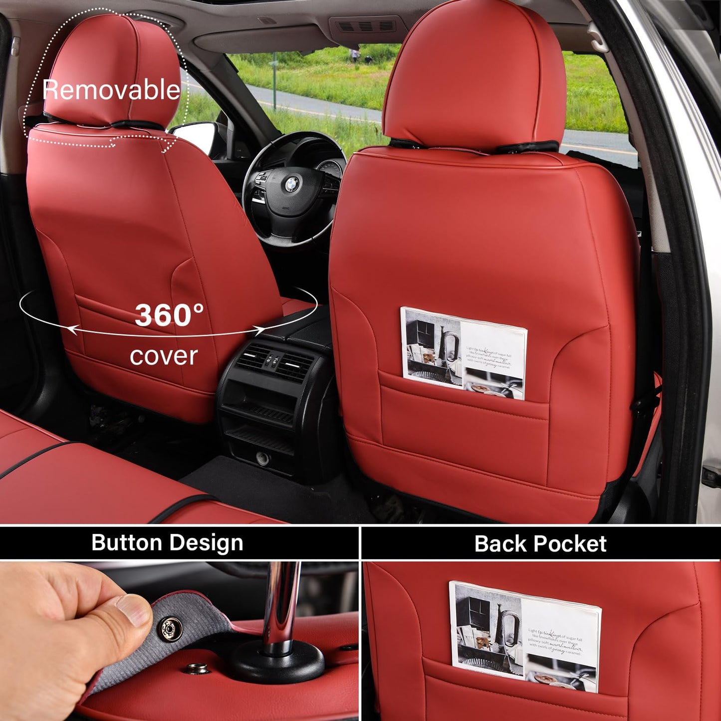 Coverado Seat Covers, Car Seat Covers Front Seats, Car Seat Cover, Car Seat Protector Waterproof, Car Seat Cushion Nappa Leather, Red Seat Covers Carseat Cover Universal Fit for Most Cars