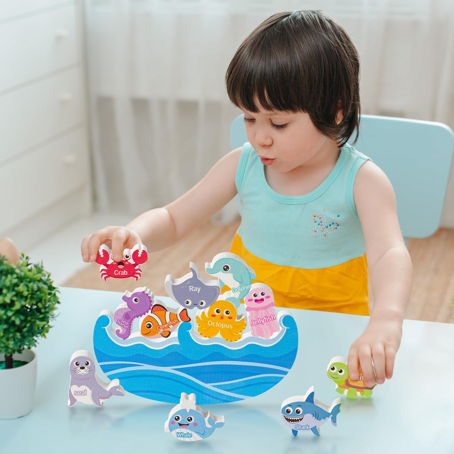 FoszaSzept Wooden Stacking Toys, Animal Wooden Balance Stacking Toys with Drawstring Bag, Montessori Balance Competition Storage Game for Party Favors Birthday Gifts(Ocean)