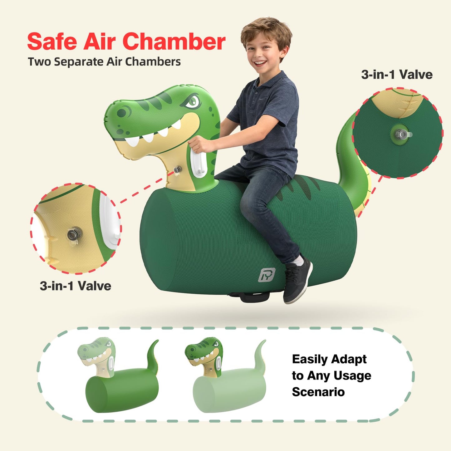 POVYRE Kids Boys Outdoor Toys, 2 PCS Giant Inflatable Dinosaur Bull Toys Bouncy Hopper with Pump, Ride-on Jumping Animal for Indoor Outdoor Play, 220 lbs Capacity, Gift for Ages 5+