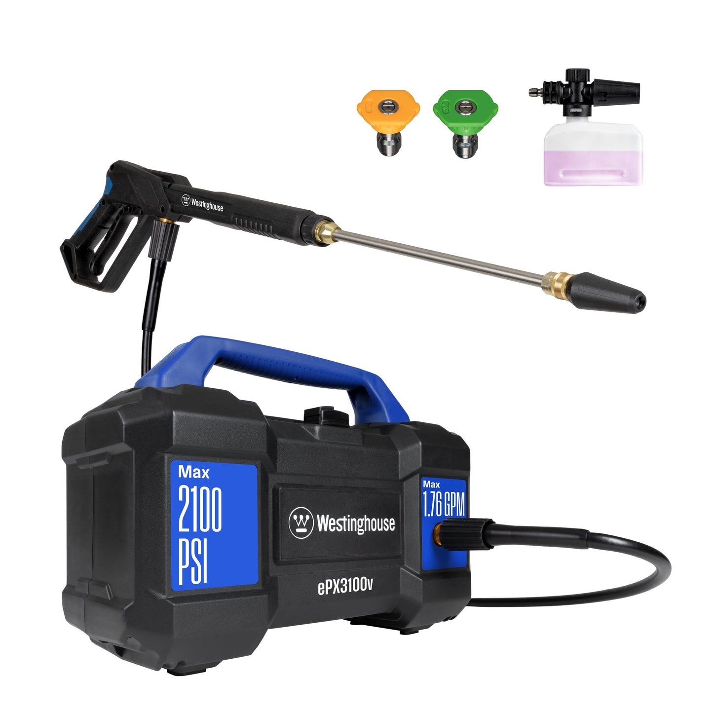 Westinghouse ePX3100v Electric Pressure Washer, 2100 Max PSI 1.76 Max GPM, Built-in Carry Handle & Pressure Washer 6-in-1 Nozzle Attachment - 3600 Max PSI