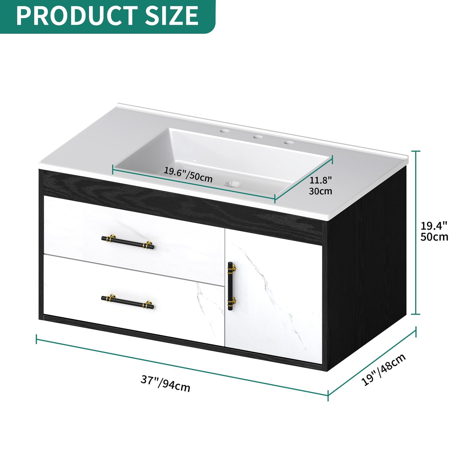 YITAHOME 36 Floating Vanity with Sink, Wall Mounted Bathroom Cabinet Vanity with Soft-Close System Cabinet, Marble Pattern, 2 Drawers & Pre-drilled Three Holes