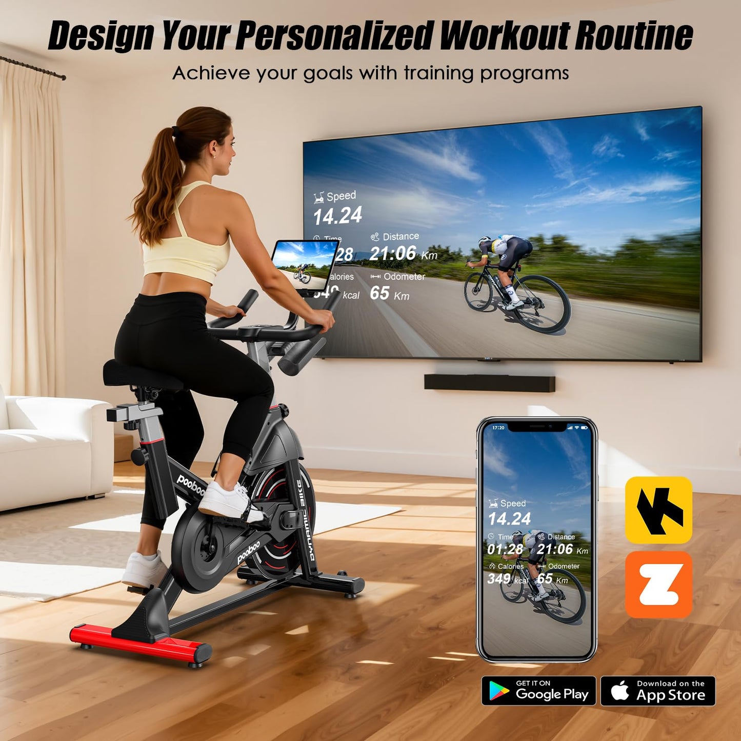 pooboo Exercise Bike, Adjustable Magnetic Resistance Stationary Bikes for Home with App Compatible, Quiet Indoor stationary bikes with 350lbs Weight Capacity Comfortable Seat,Tablet Mount and Fitness Courses for Weight Loss