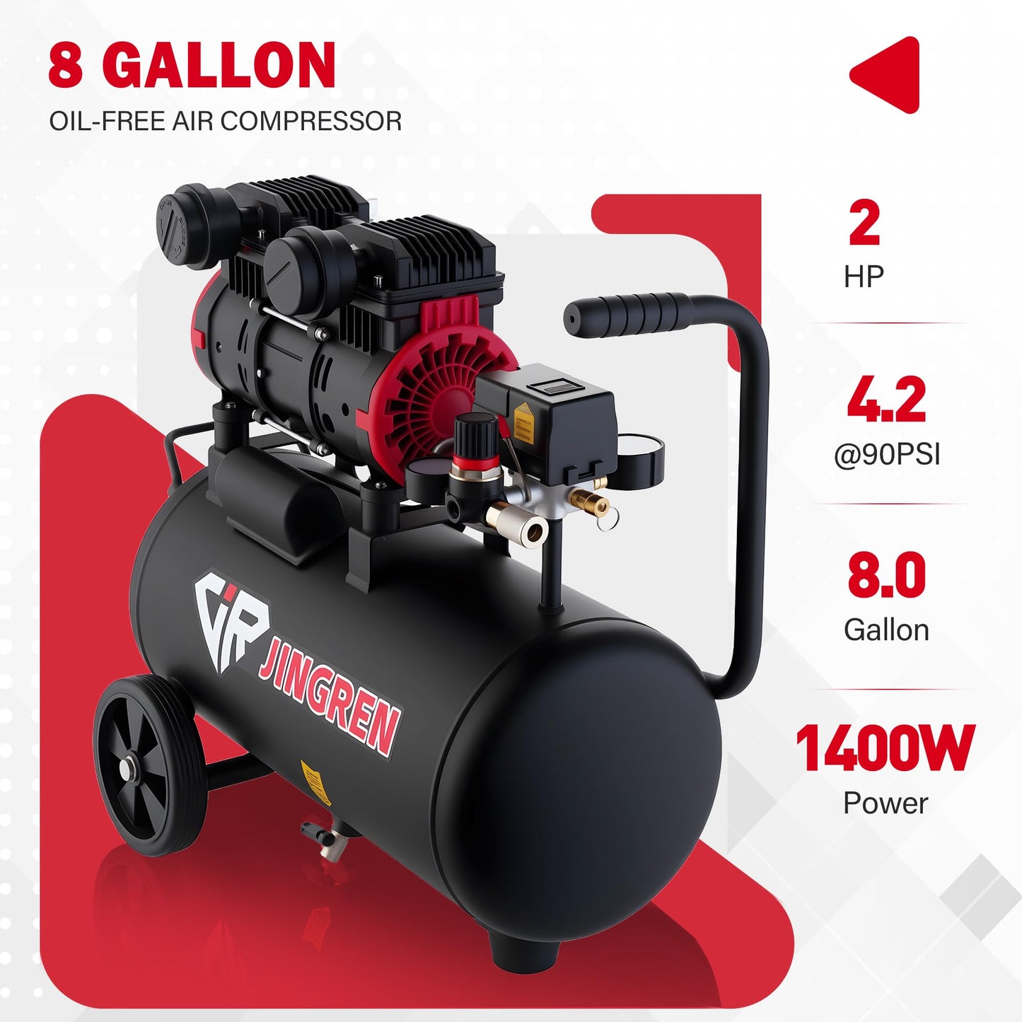 JIR JINGREN 8 Gallon Ultra Quiet Air Compressor, 2HP 4.2CFM, Max 120 PSI Oil-Free Air Compressor Tank, 120V/11A, 68dB for Car Repair, Spray Painting, Woodwork Nailing(With Accessories Kit)