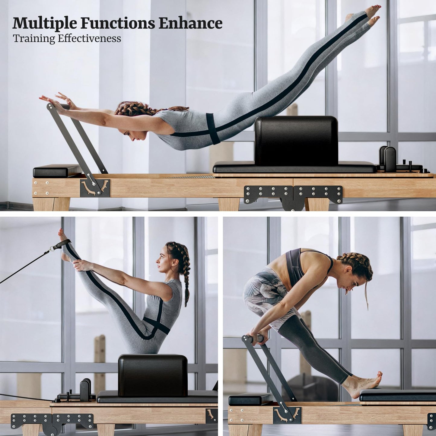92" Foldable Solid Wood Pilates Reformer for Home with 6 Springs, Jump Board and Box, Professional Home Gym Machine for Core Strength, Stability and Full-Body Toning Includes 2 Grip Socks