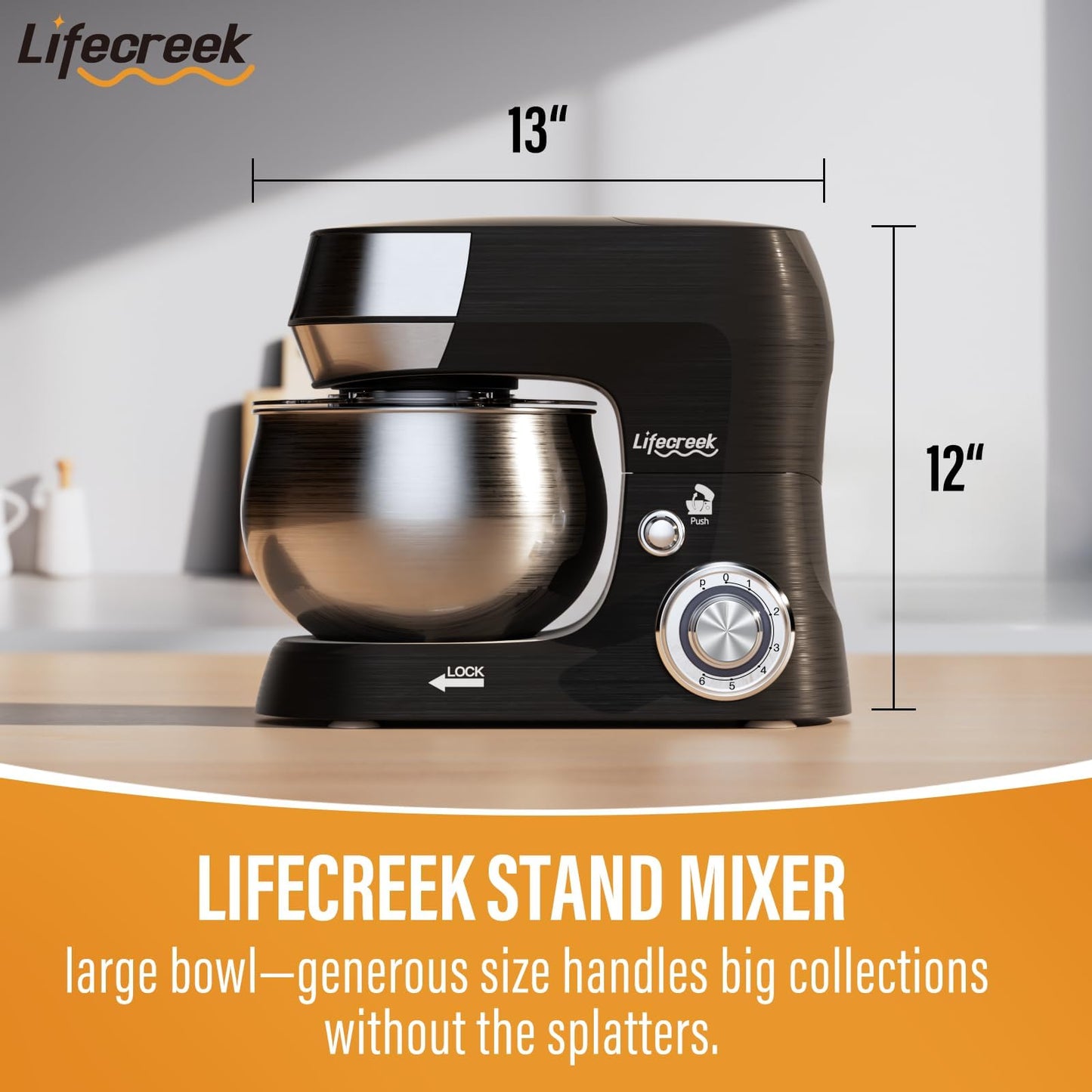 Lifecreek 3-in-1 Stand Mixer, 5.3Qt 660W, 6-Speed Tilt-head Food Mixer, Electric Kitchen Portable Lightweight Mixer with Stainless Steel Bowl, Dough Hook, Whisk, Beater(Black)