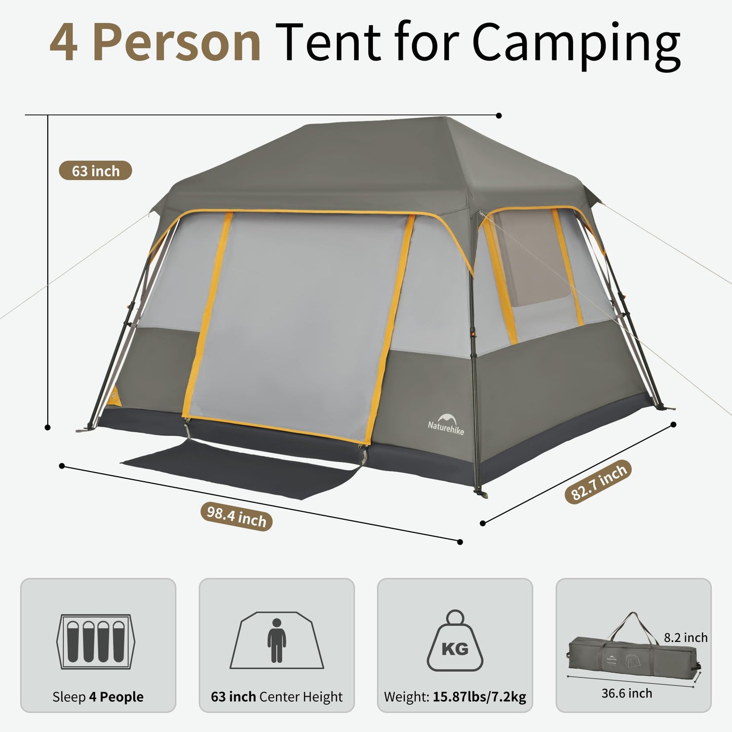 Naturehike Cape 4/6/8 Person Camping Tent, 60S Easy Setup Instant Tent Pop up Tent, Waterproof Large Tall 6/8 Person Tents for Camping, Car Camping