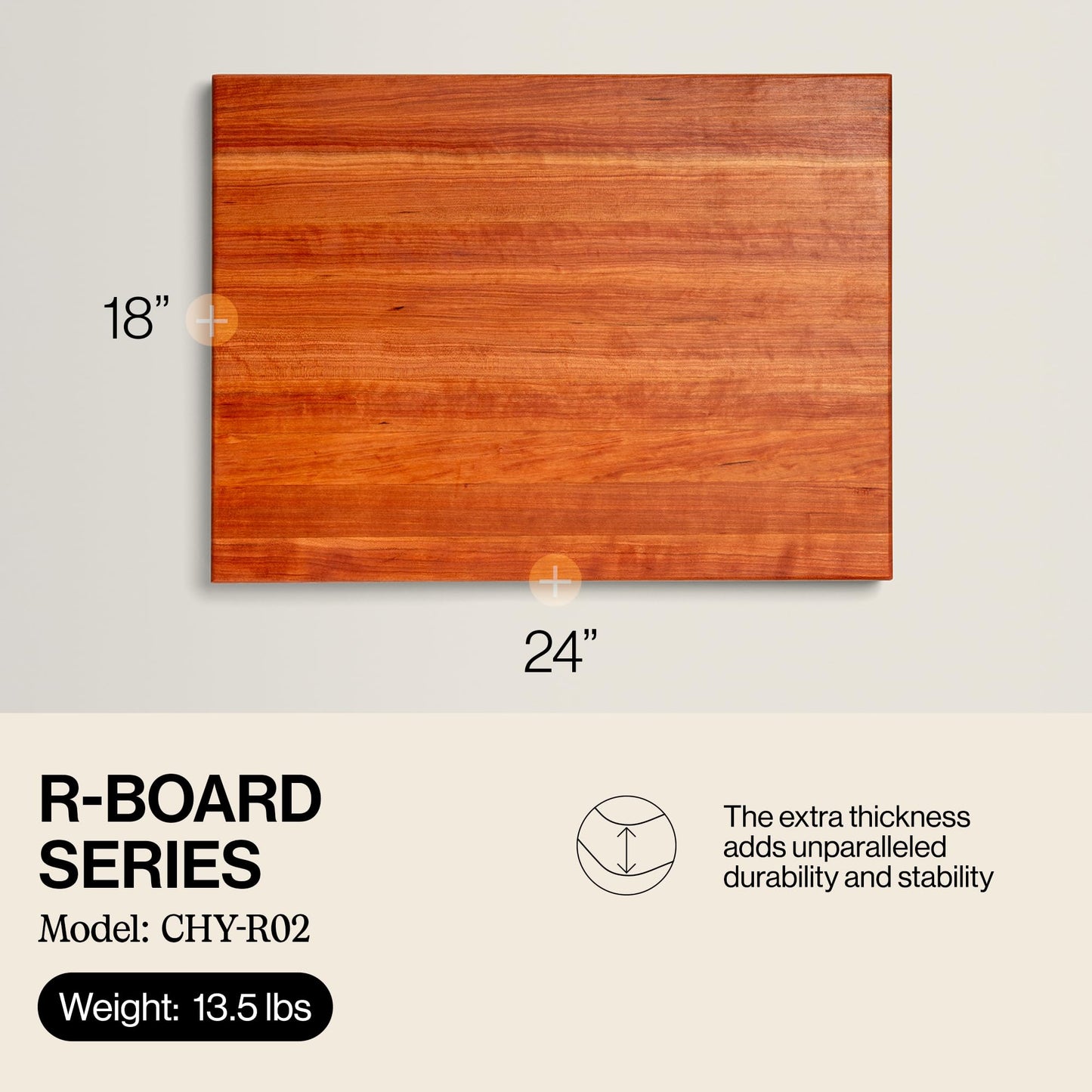 John Boos R-Board Series Rectangular Wooden Cherry Cutting Board 24”x18” – 1.5” Thick, 13.5-lb Reversible Butcher Block with Edge-Grain & Finger Grips – Made in the USA