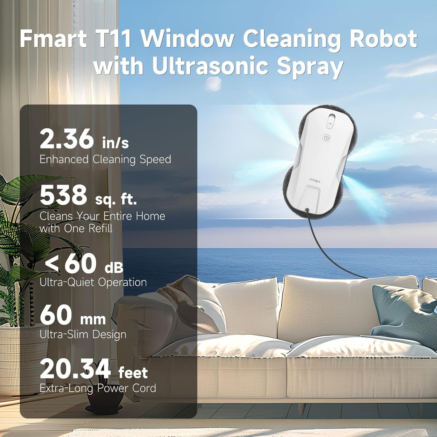 FMART T11 Window Cleaning Robot, Auto 4-Way Water Spray, 5300Pa Strong Suction, High-Speed Cleaning, <60dB Ultra-Quiet, 60mm Slim Window Robot, Smart Navigation, Anti-Drop & 50min UPS Protection