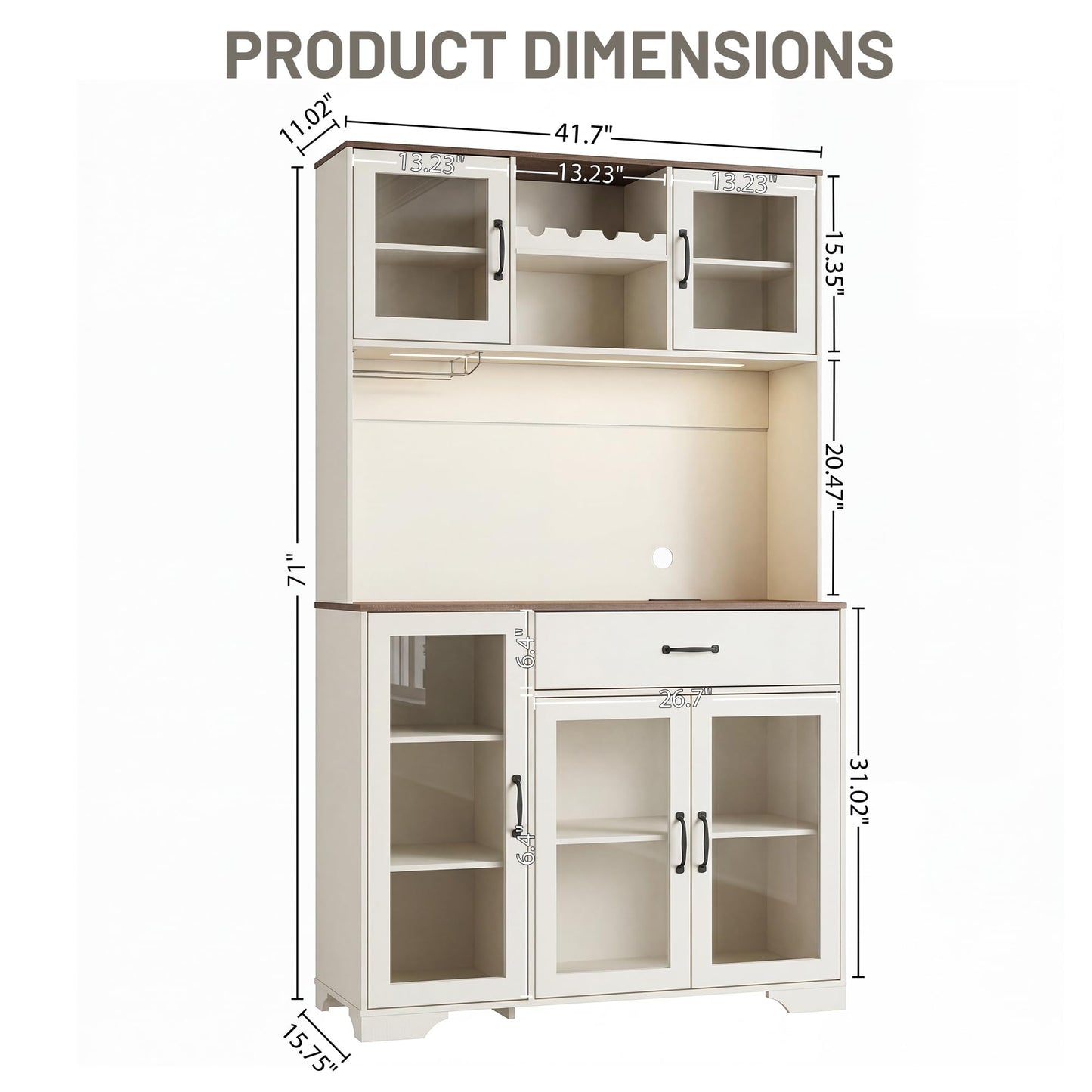 Hotmeily 71" Tall Pantry Cabinet with Charging Station, Kitchen Hutch with 3 Color LED Lights & Microwave Stand, Coffee Bar Cabinet with Large Storage Drawers for Dining Room, Living Room, White