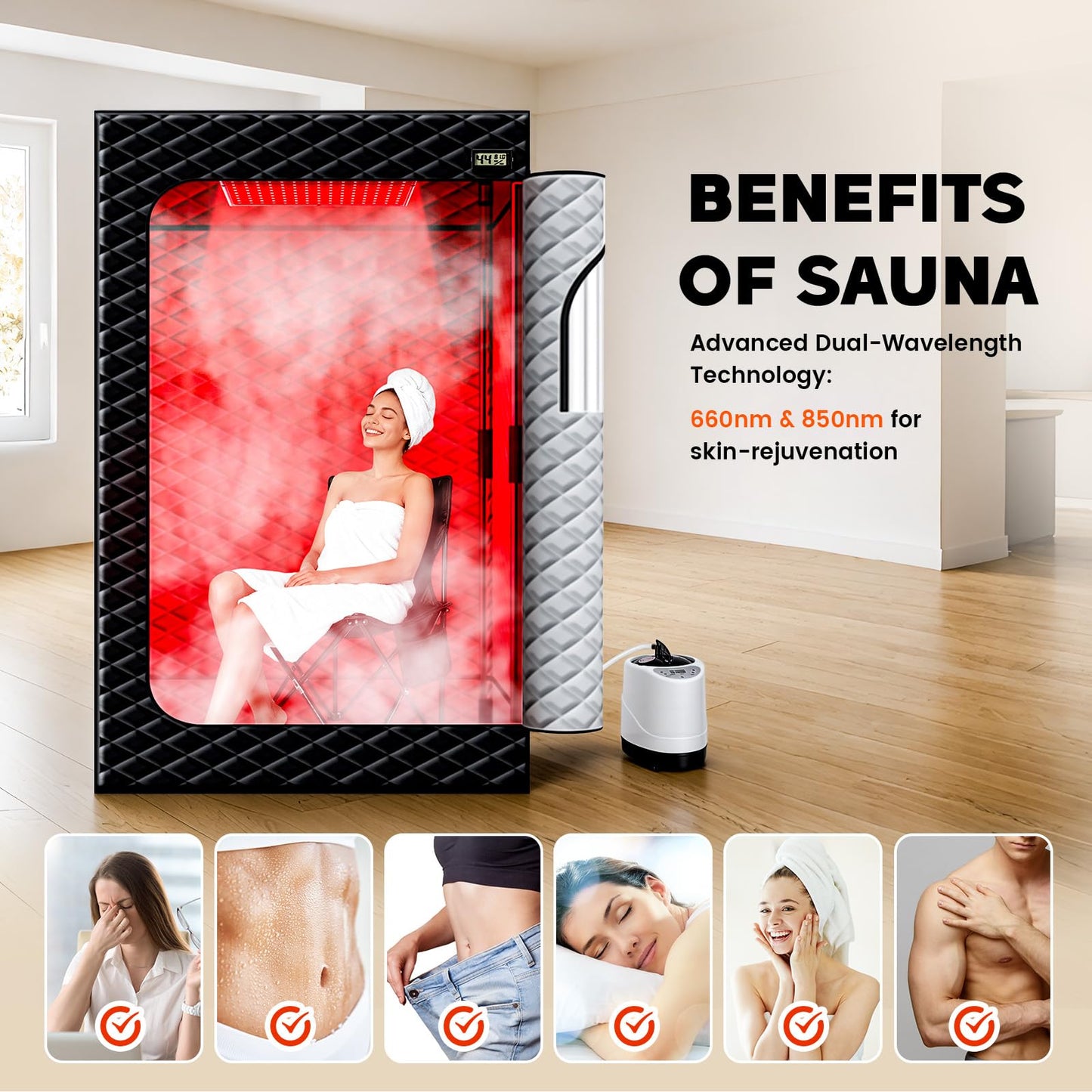 Viconor Infrared Sauna Box, Portable Steam Infrared Sauna Tent with Red Light Therapy for Home, Full Body Steam Indoor Sauna Box for Relaxation, 3L/1200W Steamer, 9 Levels Heat, Timer, Folding Chair