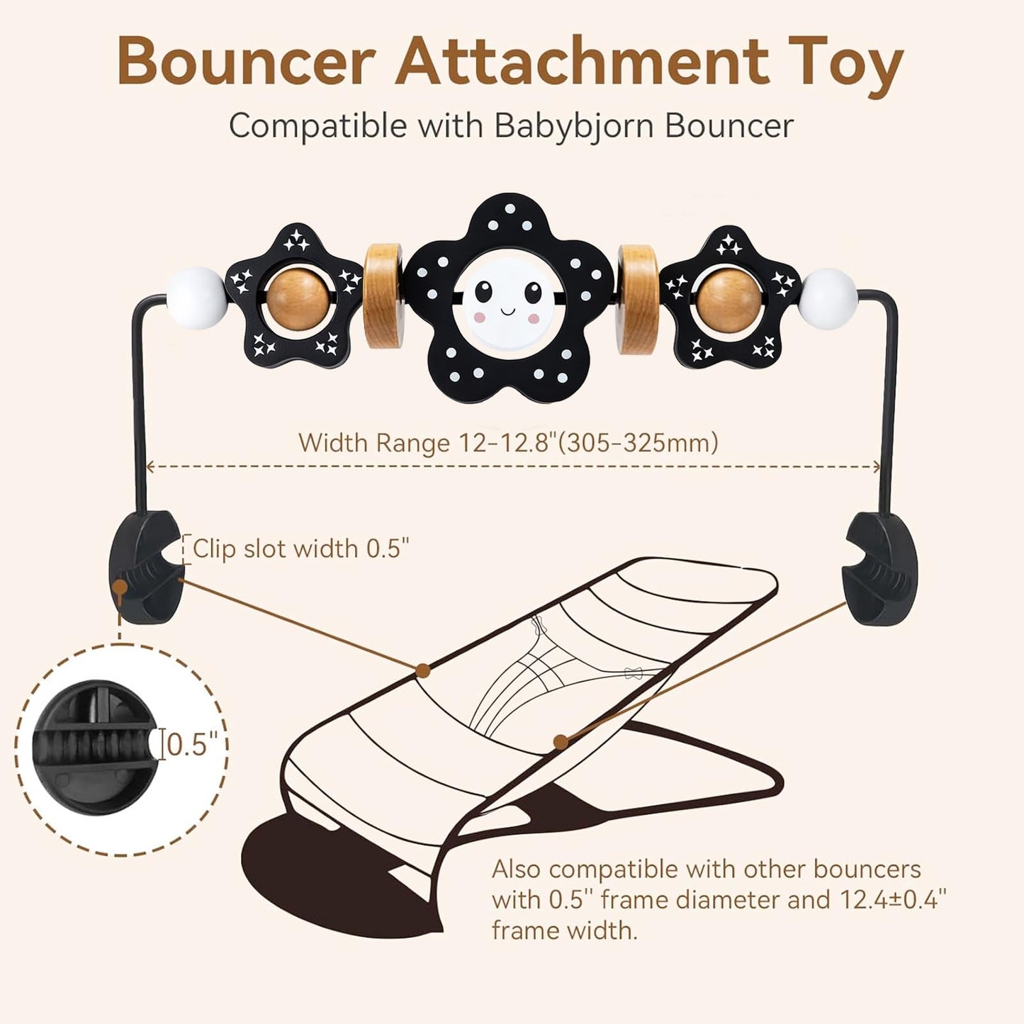 JTOOLKS Baby Bouncer Toy Bar, Compatible with Baby Bjorn Bouncer, Wooden Baby Bouncer Toy Bar Attachment, Child-Friendly Materials, Rotatable Baby Sensory Toy for Babies