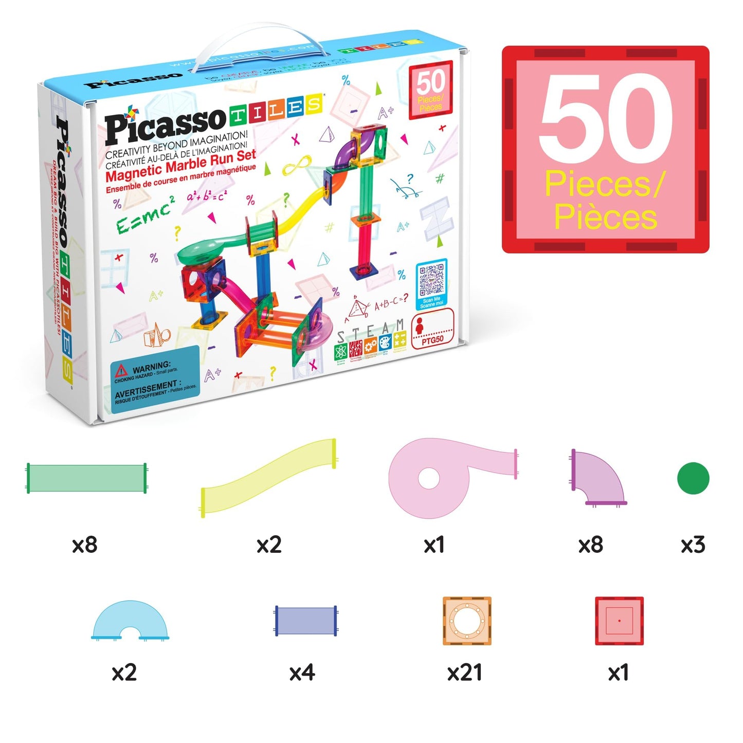 PicassoTiles 50pcs Magnetic Tiles Marble Run for Kids Race Track Toy Marble Maze Sensory Toys for Toddlers STEM Educational Set Magnet Building Blocks Construction Building Tiles Boys Girls 3+ PTG50