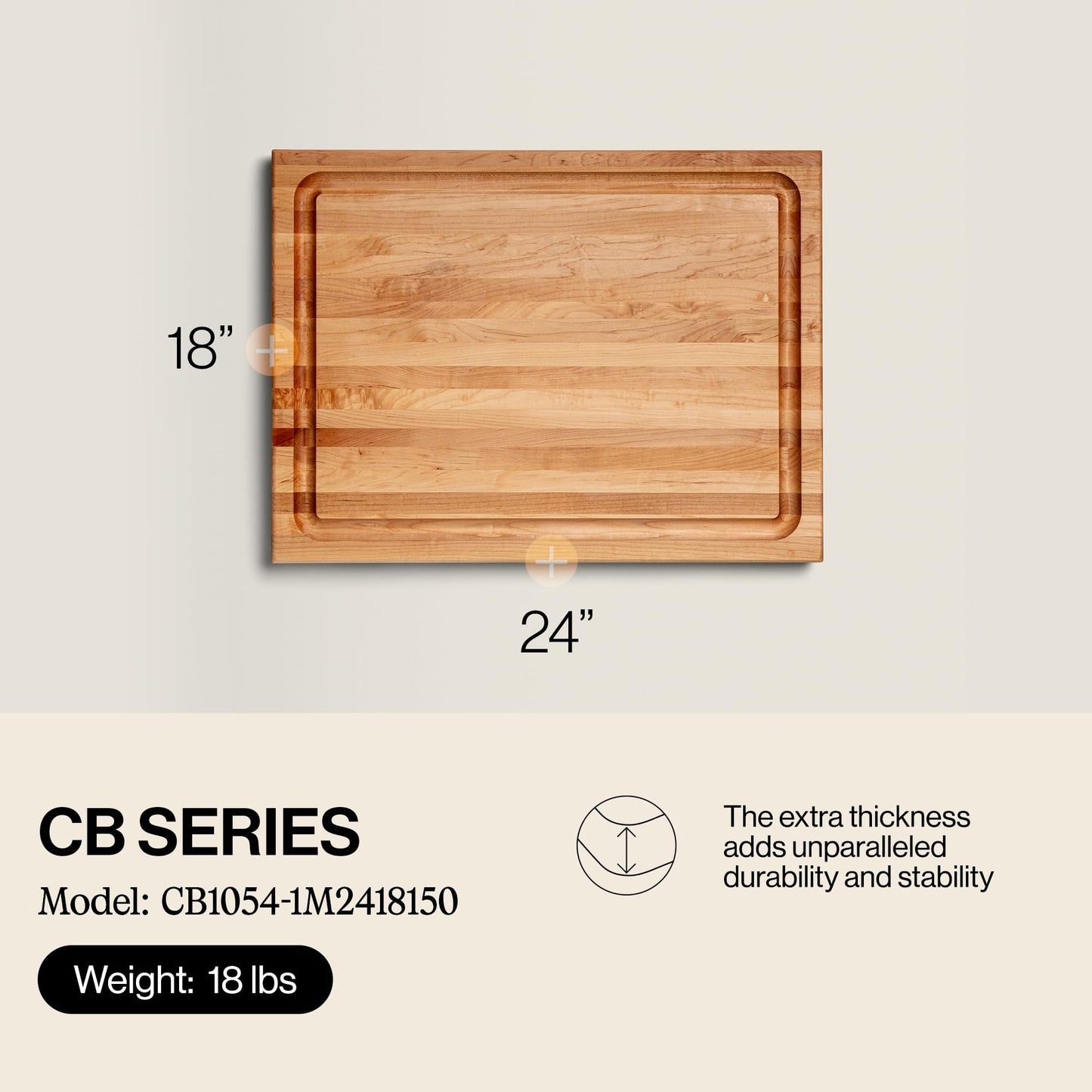 John Boos CB Series Rectangular Wooden Maple Cutting Board 24”x18” – 1.5” Thick, 18-lb Reversible Butcher Block with Juice Groove, Edge-Grain & Finger Grips – Made in the USA