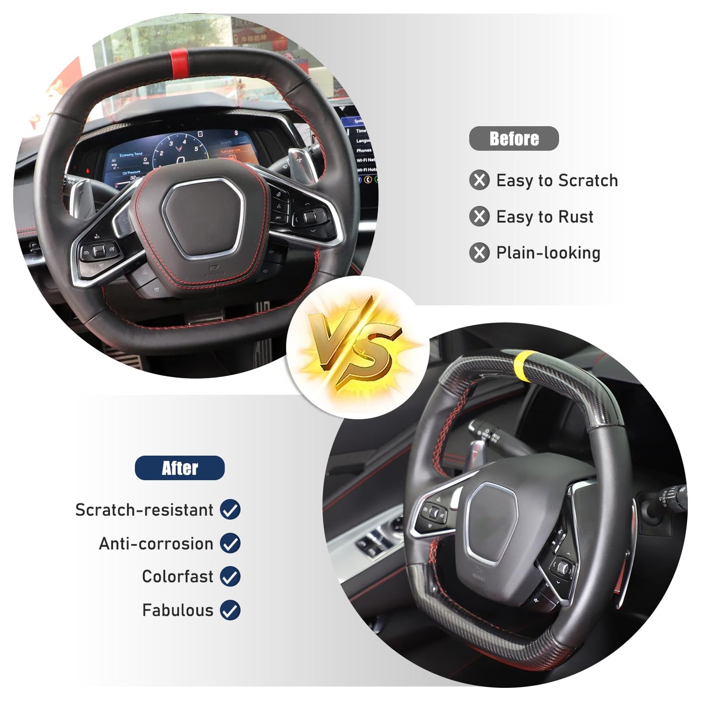Steering Wheel Cover Trim Compatible with Chevrolet Corvette C8 2020-2026 100% Real Carbon Fiber 4PCS,Steering Wheel Circle Round Cover,Interior Protection Accessories (Black Carbon-Yellow)