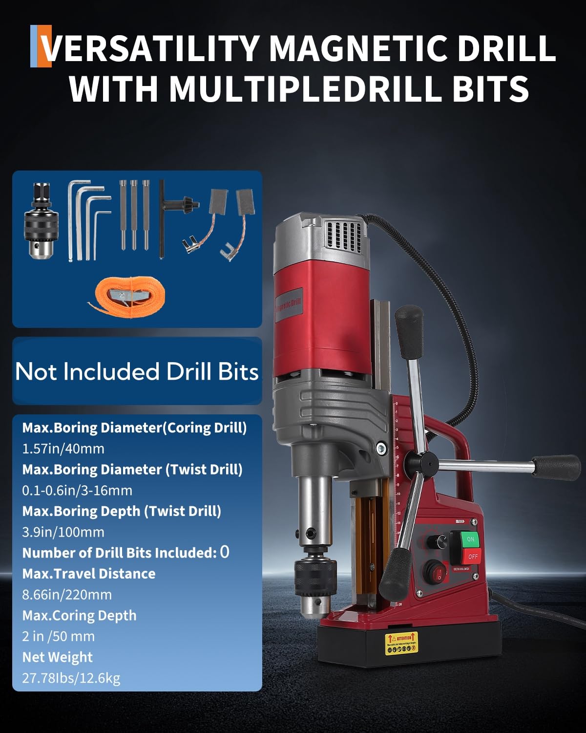 GarveeTech Mag Drill Press, 1.57" Boring Diameter, 820 RPM, 2922 Lbf/13000N, 1450W, Portable Magnetic Drill Kits with Adapter & 10-Speed, Double Dovetail, Electric Drilling Machine for Home Industry