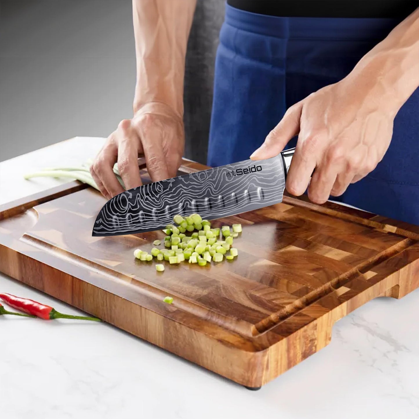 Seido Knives Gourmet Acacia End-Grain Cutting Board - 18" x 12" x 1.4" - Made From Acacia Wood Durable Withstand Heavy Duty Chopping Board Self-Healing Property Rubber Feet Juice Groove