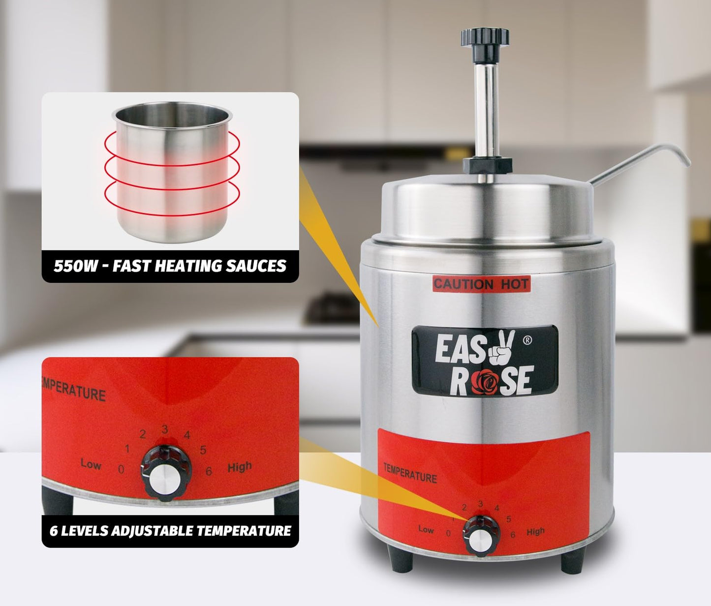 EASYROSE Commercial Electric Nacho Cheese Warmer with Pump - 3.5Qt Stainless Steel Hot Fudge & Cheese Dispenser for Butter, Caramel, Sauce - 120V, 550W