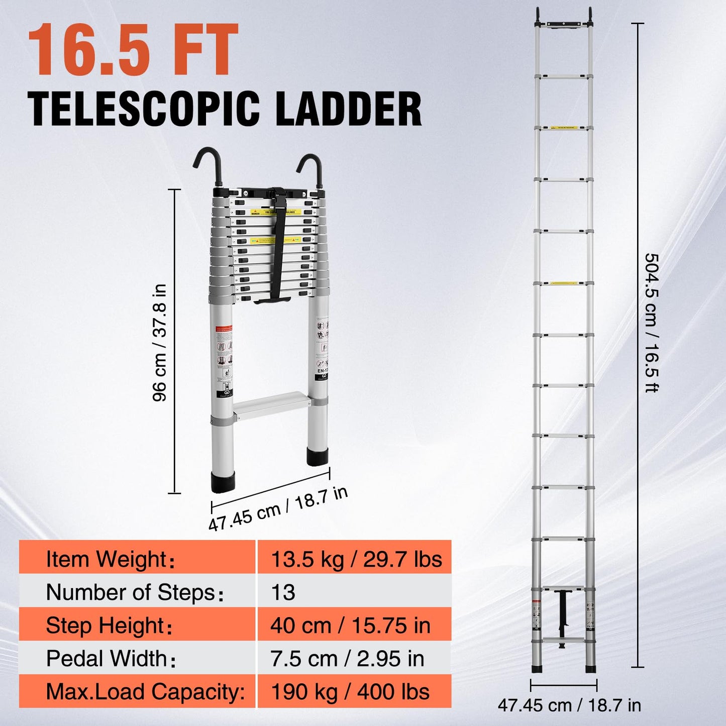 Grefinity 16.5 FT Aluminum Telescoping Ladder with Hooks, Extension Ladder with Reinforced Alloy Joints, 400 lbs Load Capacity with Non-Slip Feet, Compact Portable for Home, RV, Attic and Roof Use
