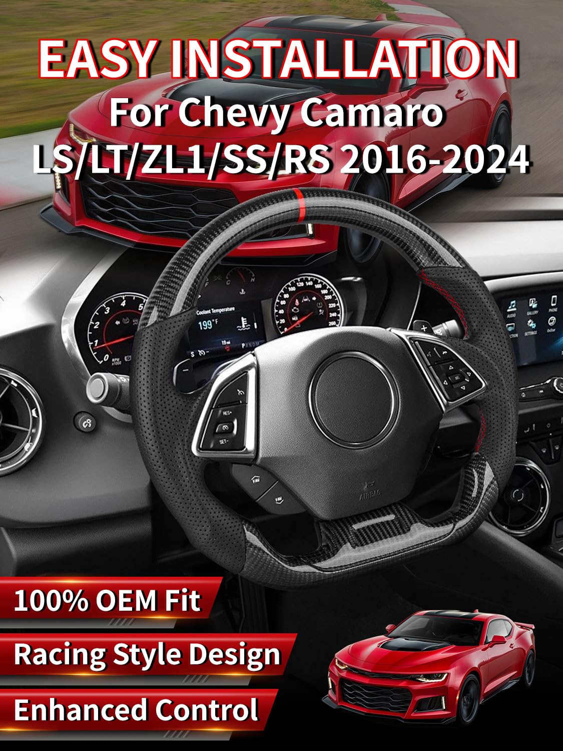 Real Carbon Fiber Steering Wheel for Chevy Camaro 2016-2026, Track Style D-Shape Flat Bottom Non-Slip Perforated Leather Grip, Replacement Interior Upgrade, for SS ZL1 LT RS LS LT