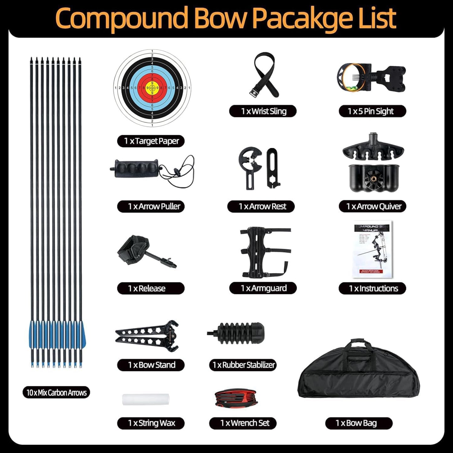 AKCHOER Compound Bow and Arrow Set, 30-70 Lbs Draw Weight, 23.5"-31" Draw Length, Right Handed Bow for Adult, 320 Fps Hunting & Target Bow with Accessories (Black-High Version)