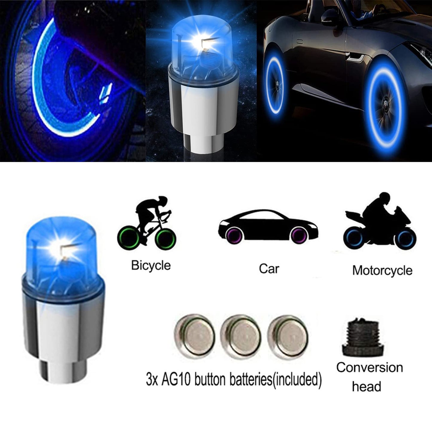 FICBOX 12 PCS LED Wheel Lights Flash Light Tire Valve Cap Lamp for Car Trucks Motorcycle Bike (Blue)