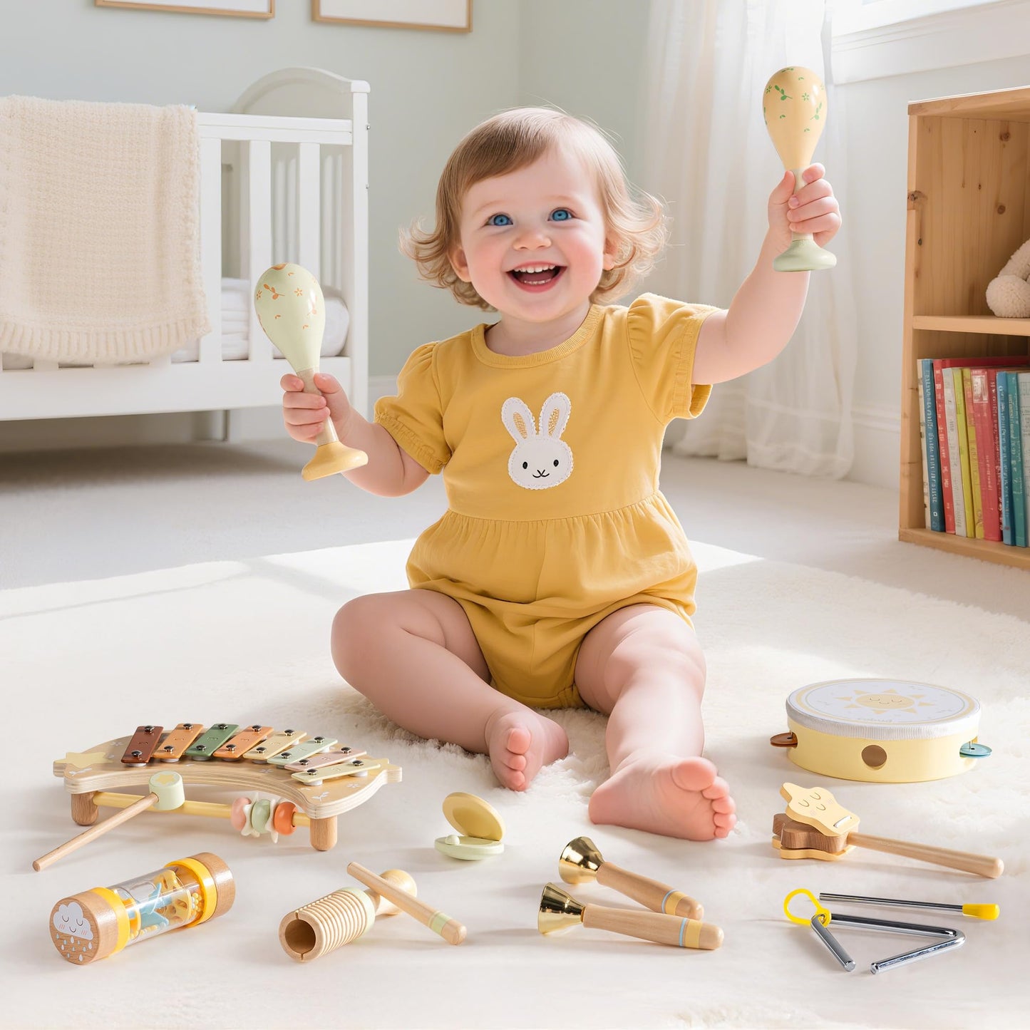 ROBUD Toddler Musical Instruments, Montessori Wooden Baby Musical Toys, Neutral Colors Musical Toys for Toddlers 1-3, Educational Percussion Set, for Boys and Girls(Star and Moon Theme)