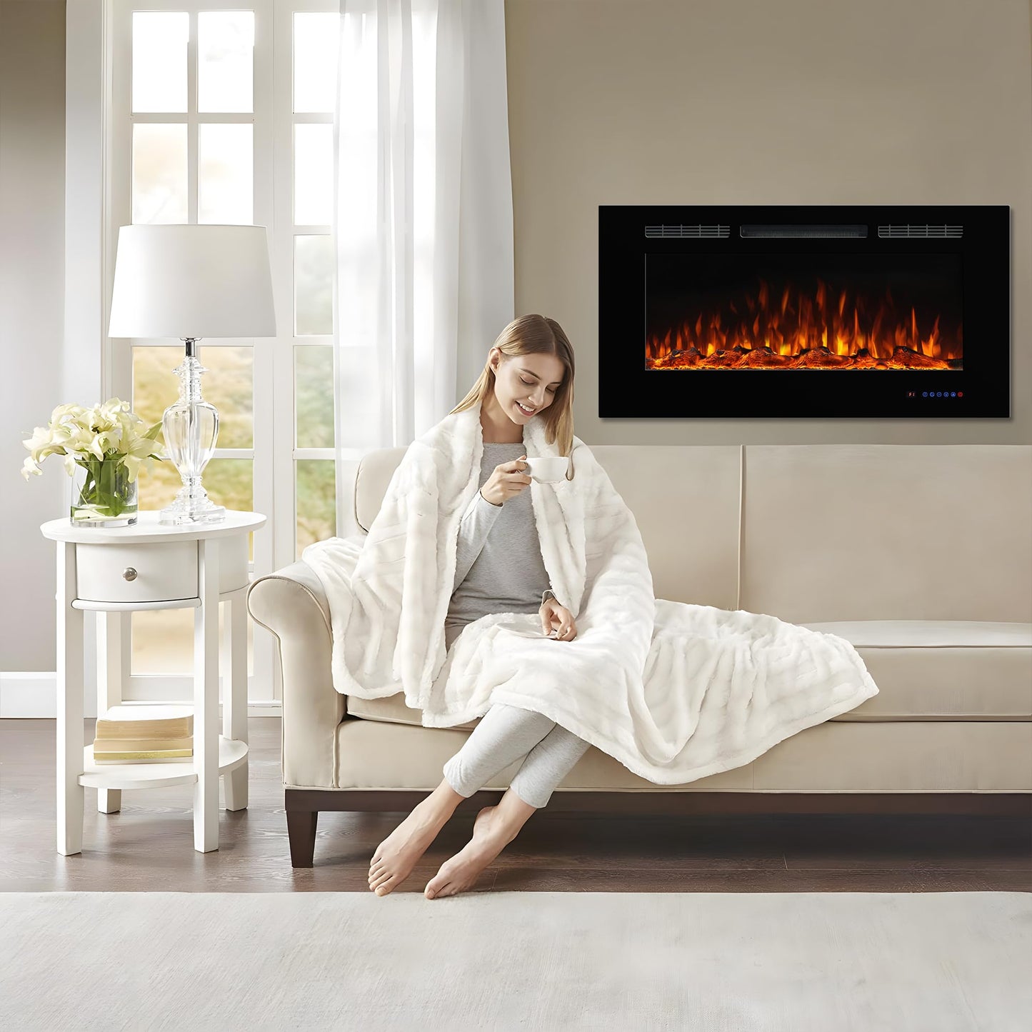 Dreamflame Electric Fireplace 42inches, Wall-Mounted & Recessed Fireplace Inserts, Multicolor Flame w/5 Dimmer, Remote Control Thermostat, Timer, Overheating Protection, Hardwire Connect, 1500W,Black