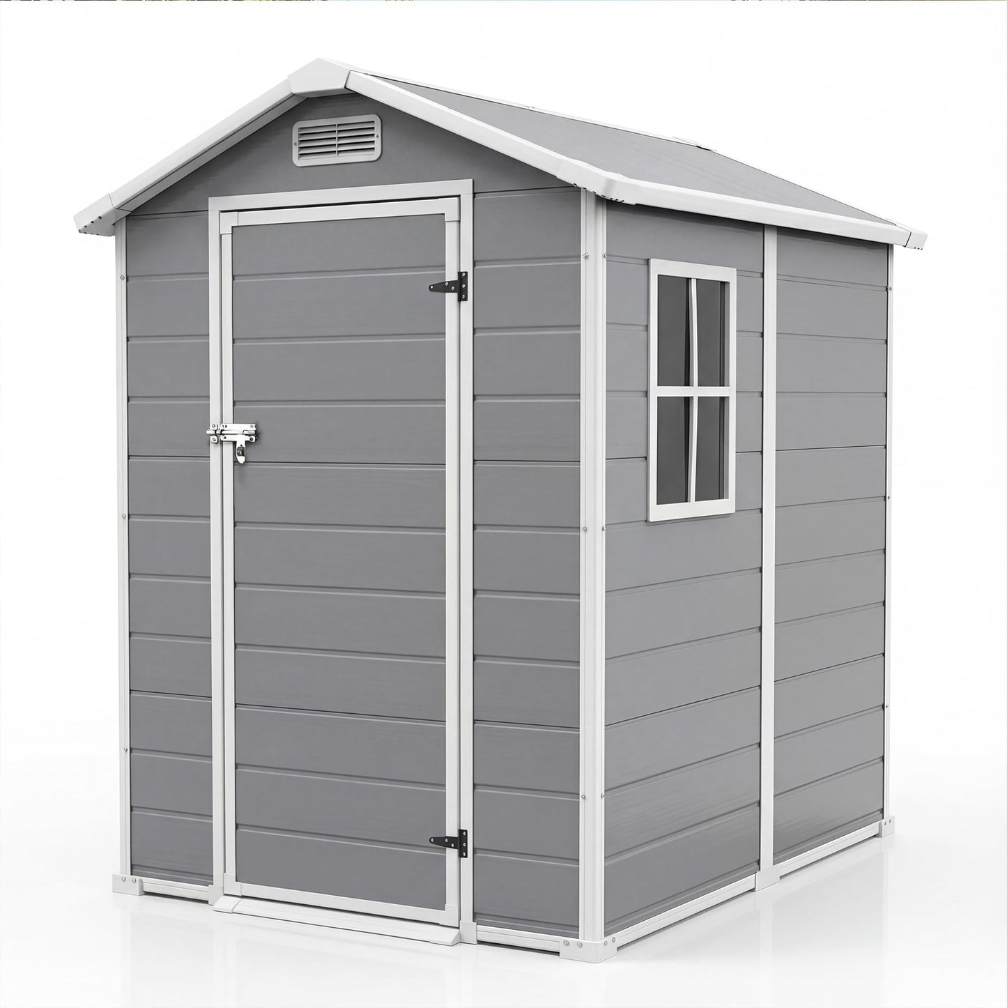 Plastic Outdoor Storage Shed with Floor & Window, 4x6 ft Resin Garden Shed for Patio, Lawn Mower, Bike & Tool, Waterproof Outdoor Storage with Lockable Door & 2 Vents & Sloped Roof for Backyard