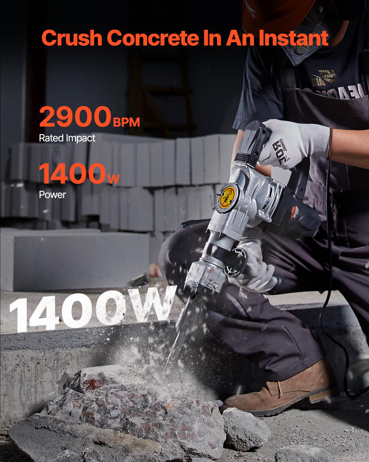 VEVOR 3500W Electric Demolition Hammer, 1900 BPM Durable Jack Hammer, Concrete Breaker with 2 Chisels, Gloves, and a 360° Rotatable Handle for Efficient Trenching, Black