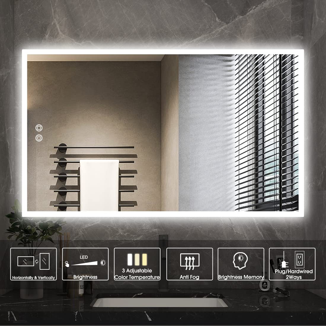 Evokor 40 x 24 Inch Led Smart Bathroom Mirror with Lights, Anti Fog, White/Warm/Natural Light, Dimmable, Lighted Vanity Mirror Wall Mounted, CRI92, IP54 Waterproof (Horizonal & Vertical