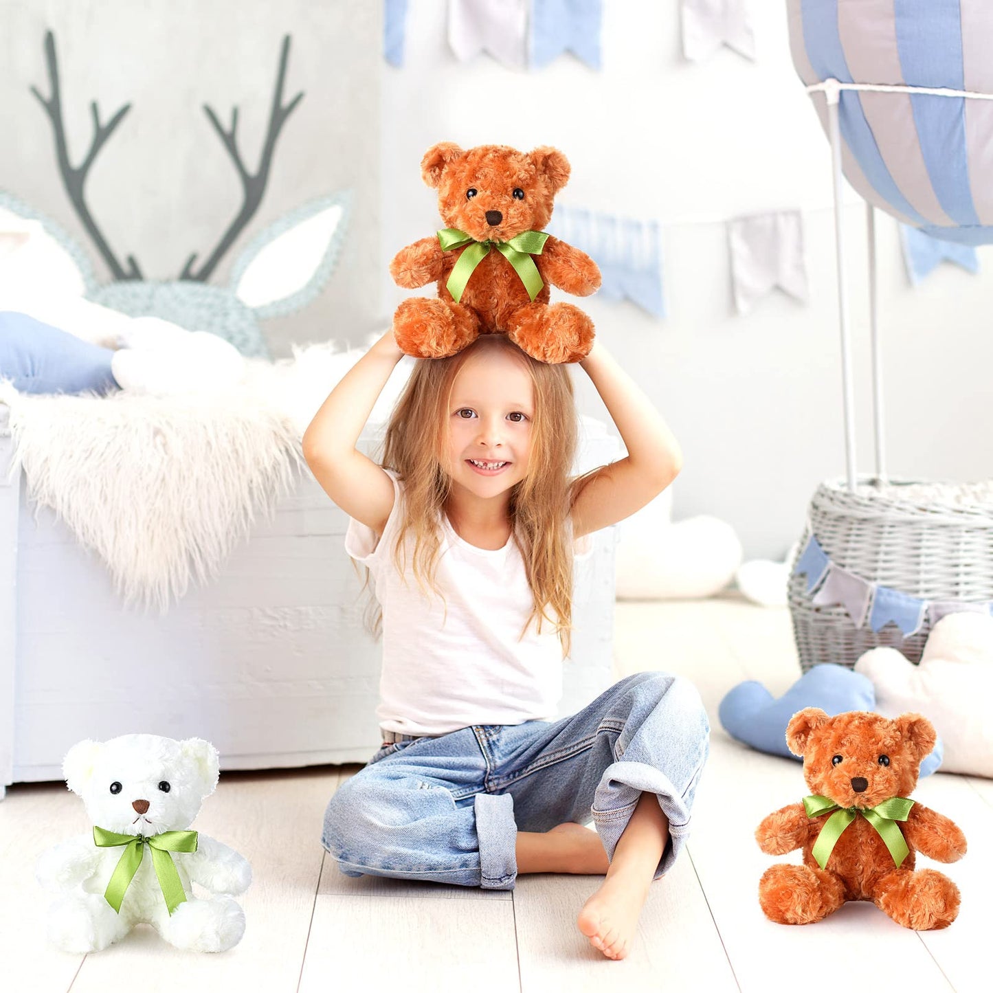 HyDren 24 Pcs Bear Bulk Plush Stuffed Animals 10 Inch Cute Soft Stuffed Bear with Green Bow for Kids Mother Birthday Gift Holiday Party Baby Shower Valentine Christmas(Light Brown, White)