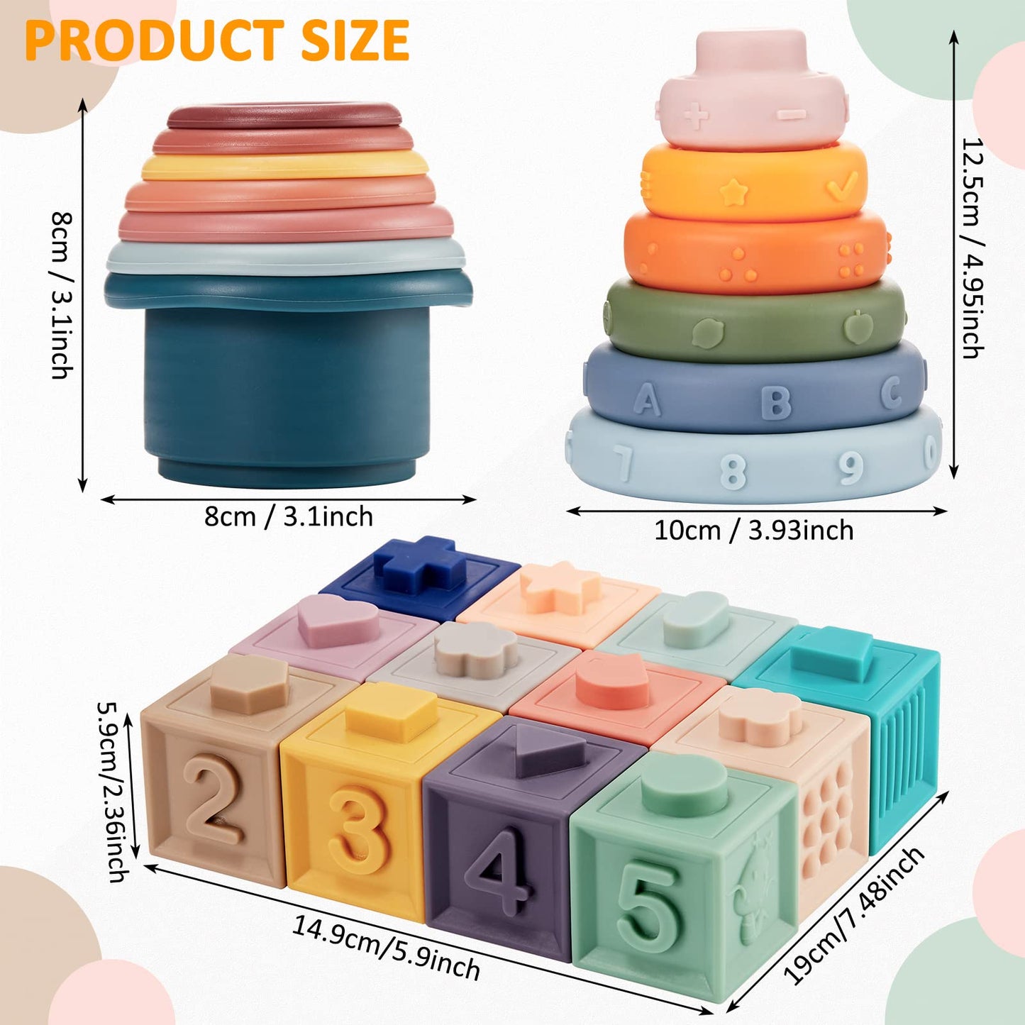 3 Set Montessori Toys for Babies Soft Baby Stacking Cups Toy Silicone Ring Baby Stacking Blocks for Toddlers 6 to 12 Months Sensory Building Blocks with Number Fruit Shape Toddler Gifts for Christmas
