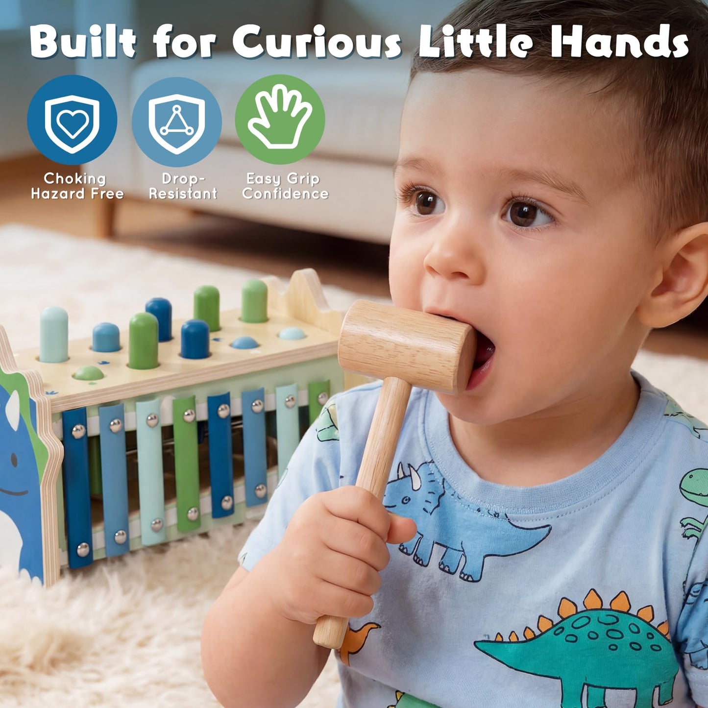 Lehoo Castle Baby Montessori Toys for 1 2 Year Old, Wooden Hammering Pounding Toy with Xylophone, Educational Learning Activities for 1 2 3 Year Old Boys First Christmas Birthday Gifts - Dinosaur