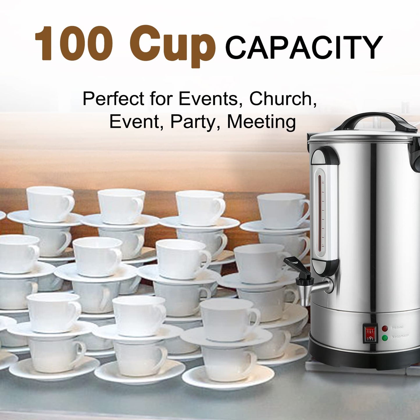 GOLREAN Commercial Coffee Maker 100 Cup Coffee Urn Hot Beverage Dispenser 4 Gallon 16L Large Coffee Urn Dual Layers 304 Stainless Steel 1300W Fast Brew Percolator For Business, Catering, Church