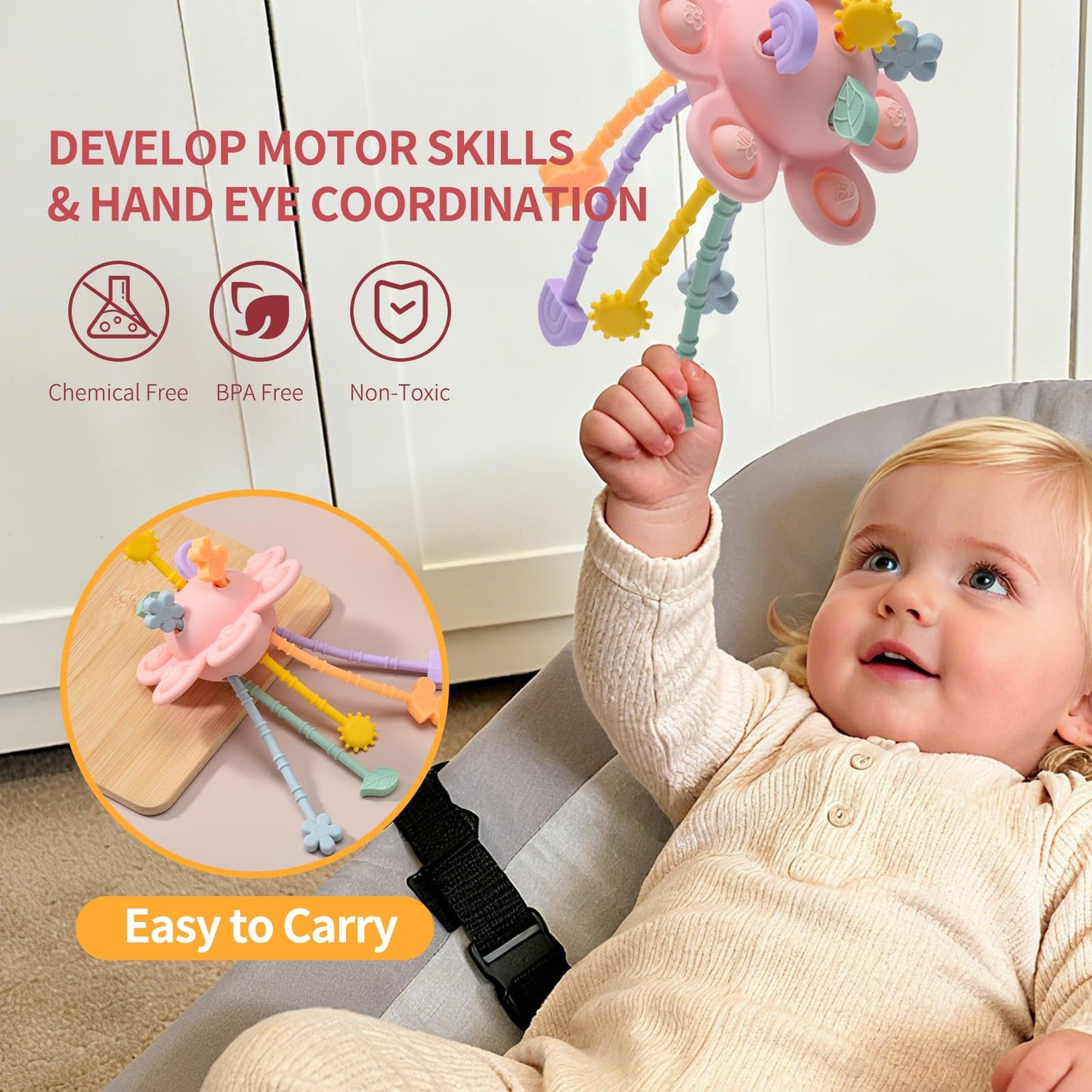 Little Rawr Silicone Baby Sensory Montessori Toys & Pull String Toys for 18 M+, Toddler Birthday Gift Car Seat Airplane Travel Toy for 1 2 Year Old Boy Girl Infant 18 Months Old (Pink)