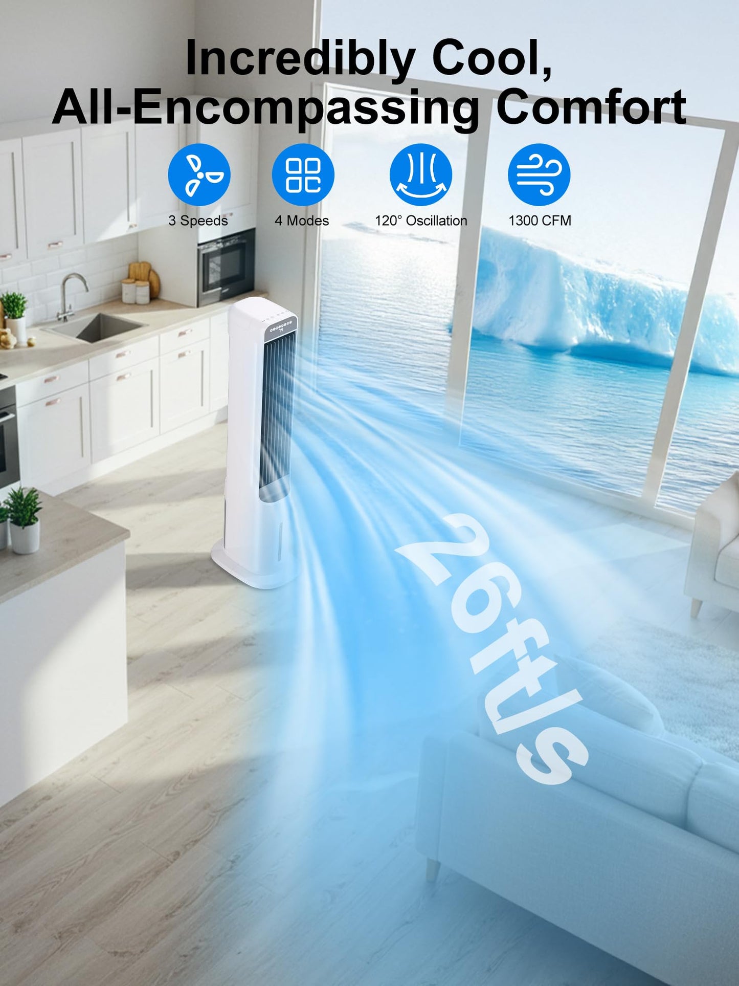 Uthfy 41" Portable Air Conditioners, 3-in-1 Swamp Cooler with 4 Modes, 3 Speeds, 120° Oscillation, 4 Ice Packs, 4L Removable Water Tank, Remote, Easy Cleaning, White