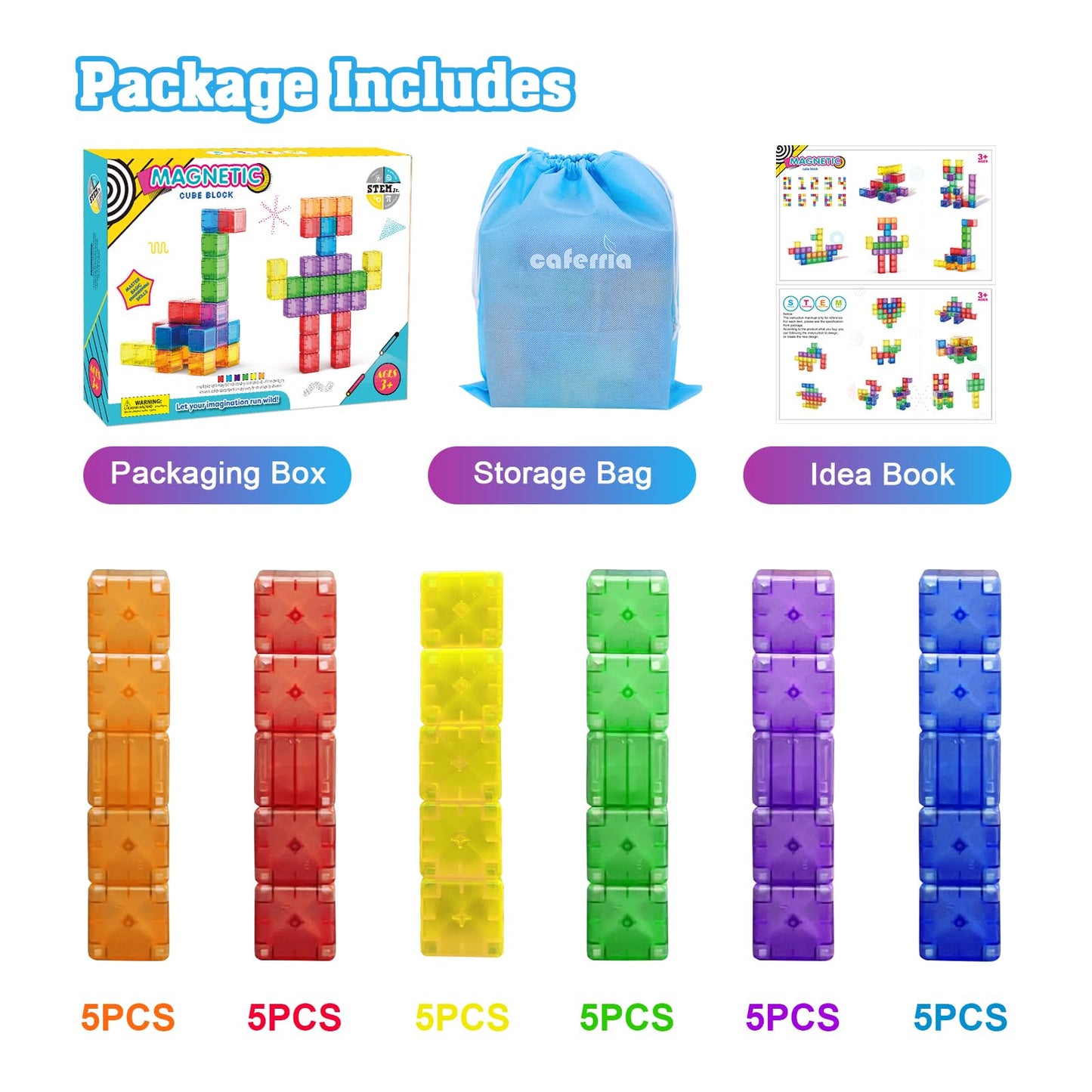 Caferria 1.4 inch Large Magnetic Blocks for Kids, 30pcs Magnet Building Blocks, Preschool STEM Sensory Montessori Stacking Cubes Educational Building Toys for 3 4 5 6 7 8 Year Old Boys Girls