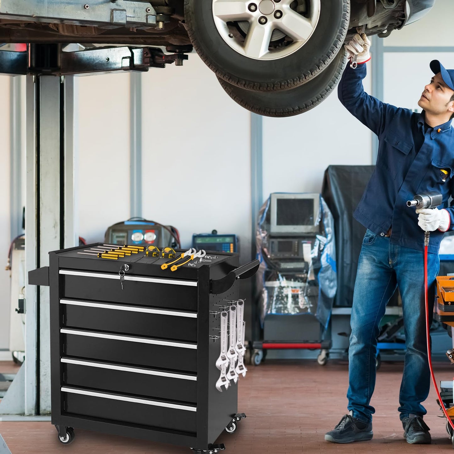 Barphygo Rolling Tool Chest 5-Drawers, Metal Tool Box with Wheels Garage Storage Cabinets with Lock Tools Drawer Organization Workbench Toolbox for Warehouse, Workshop & Repair Shop