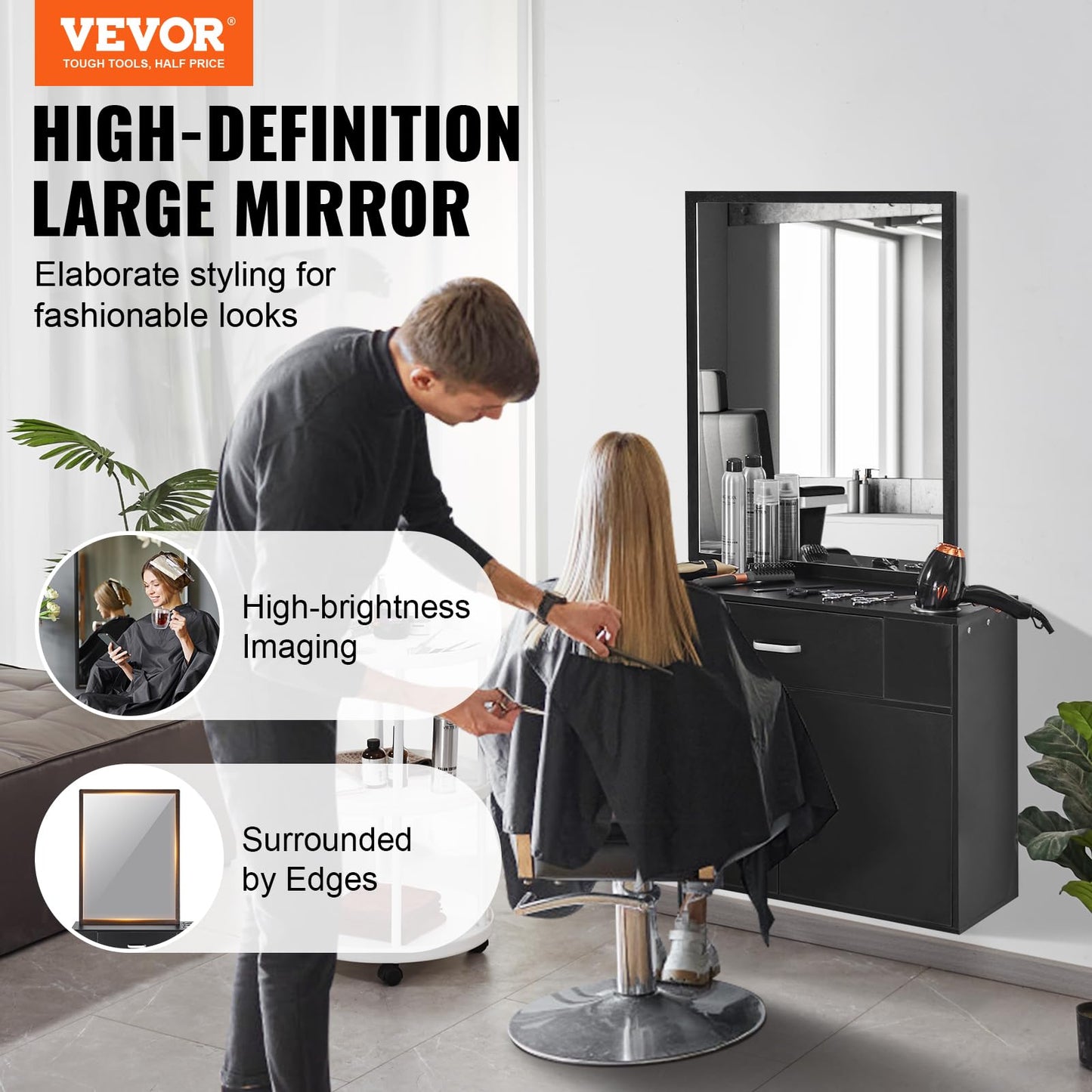 VEVOR Salon Storage Cabinet, Wall Mounted Barber Salon Station for Hair Stylist, Hair Stylist Station Set, with 3 Sleeves, A Mirror, Double-Door Cabinet, and A Drawer, Black