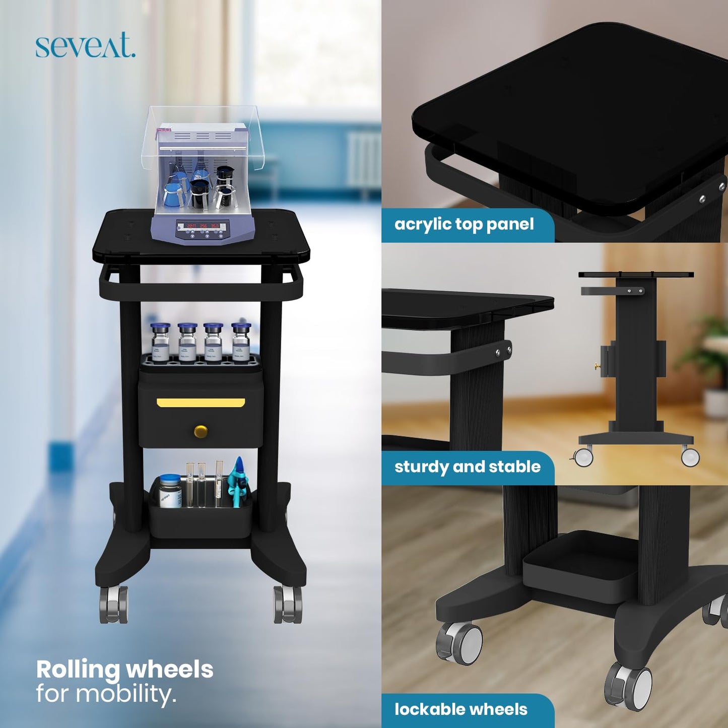 Seveat Professional Medical Cart with Drawers, 3 Tier, 198 Lbs Capacity, Portable Rolling Trolley for Home, Spa, Hospital, Office, Clinic (Black)