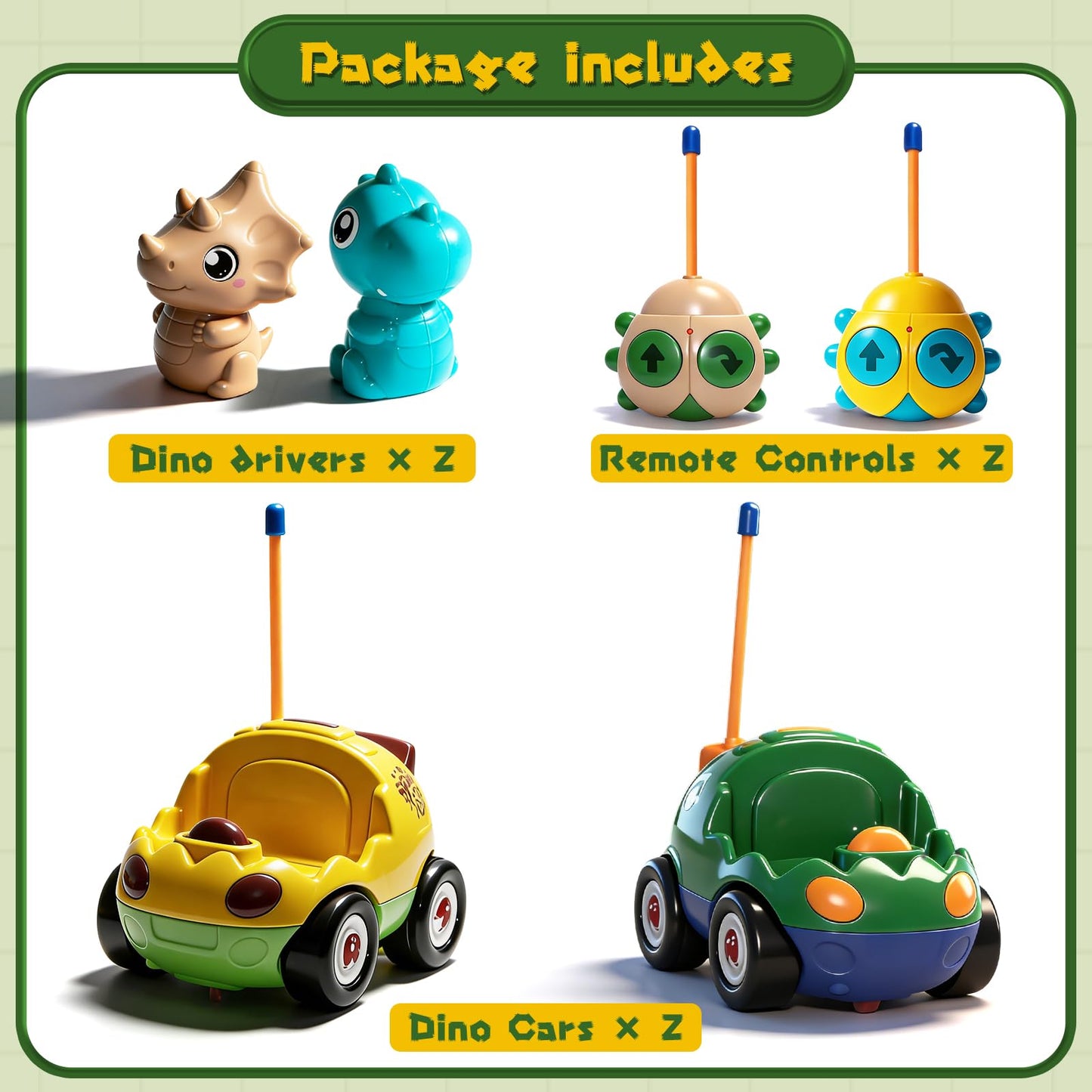 TOPLIVING 2-Pack Remote Control Dinosaur Car Toys for Toddler Ages 18+ Months, 2 3 4 5 Year Old, Dino RC Vehicle with LED Lights, Music, Christmas Birthday Gift for Boys & Girls