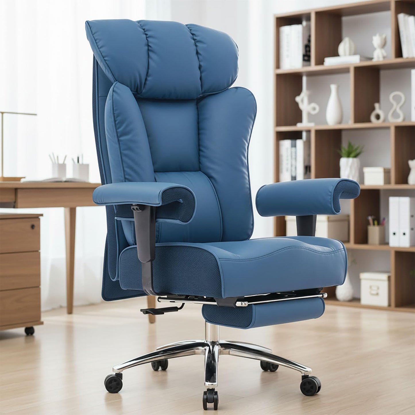 Efomao Big and Tall Office Chair 400lbs - Heavy Duty Executive Desk Chair with Foot Rest & 23" Wide Seat - High Back Ergonomic Leather Computer Chair for Heavy People, Home Office, Blue