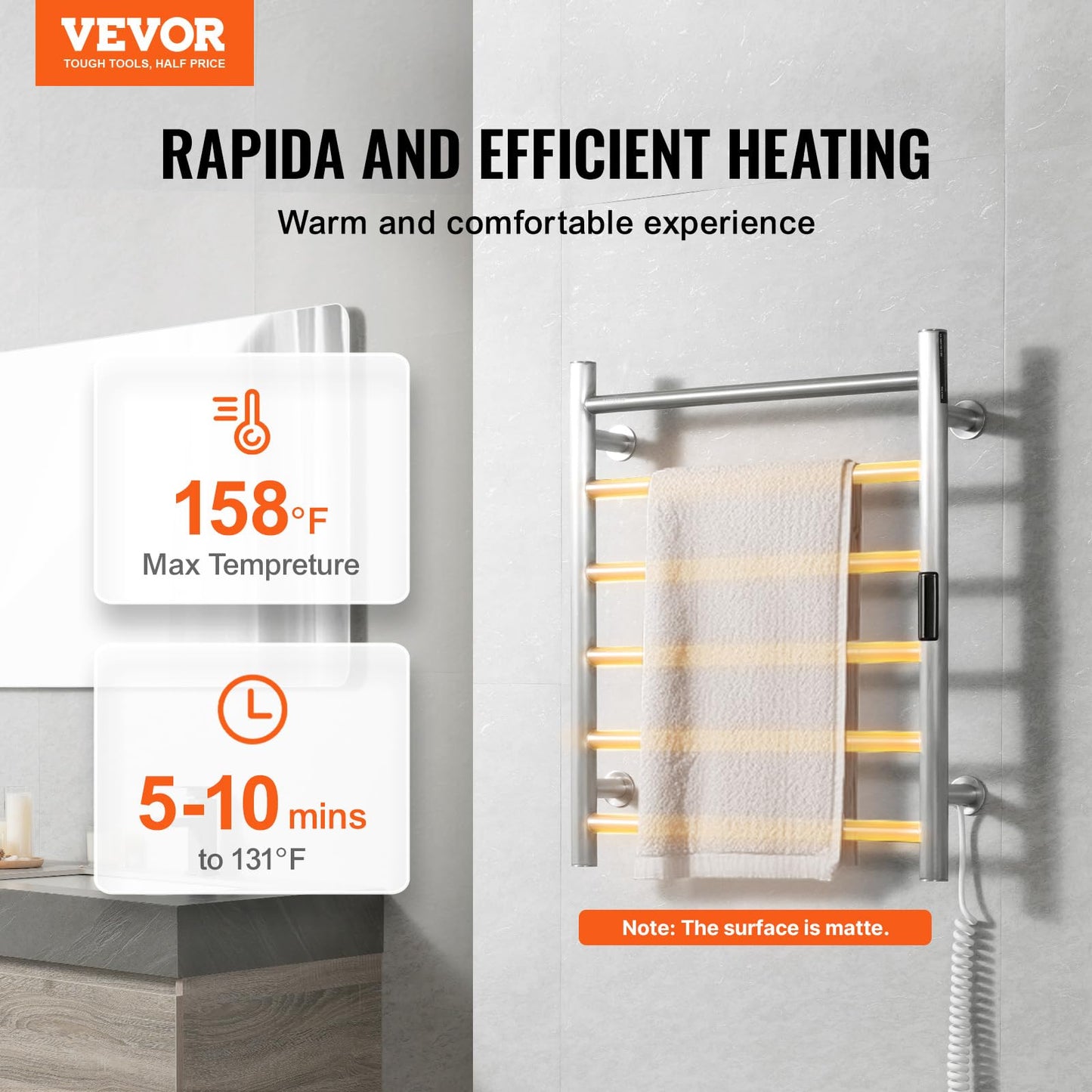 VEVOR 6 Bars Towel Warmer Rack, Wall Mounted Heated Towel Rack for Bathroom, IPX5 Waterpoof Towel Heater Rack with Timer & LED Display Screen, 5 Levels Adjustable Temperature Towel Heater, Silver